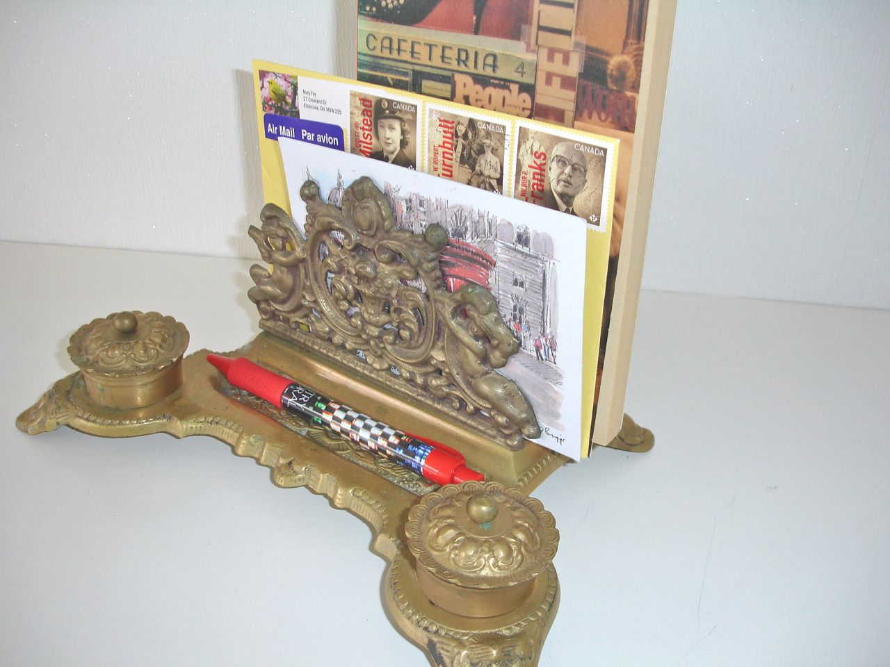 55.0 Cherub Letter Rack Brass Baroque French Desk Tidy Metal Pen Holder 2 Inkwells photo
