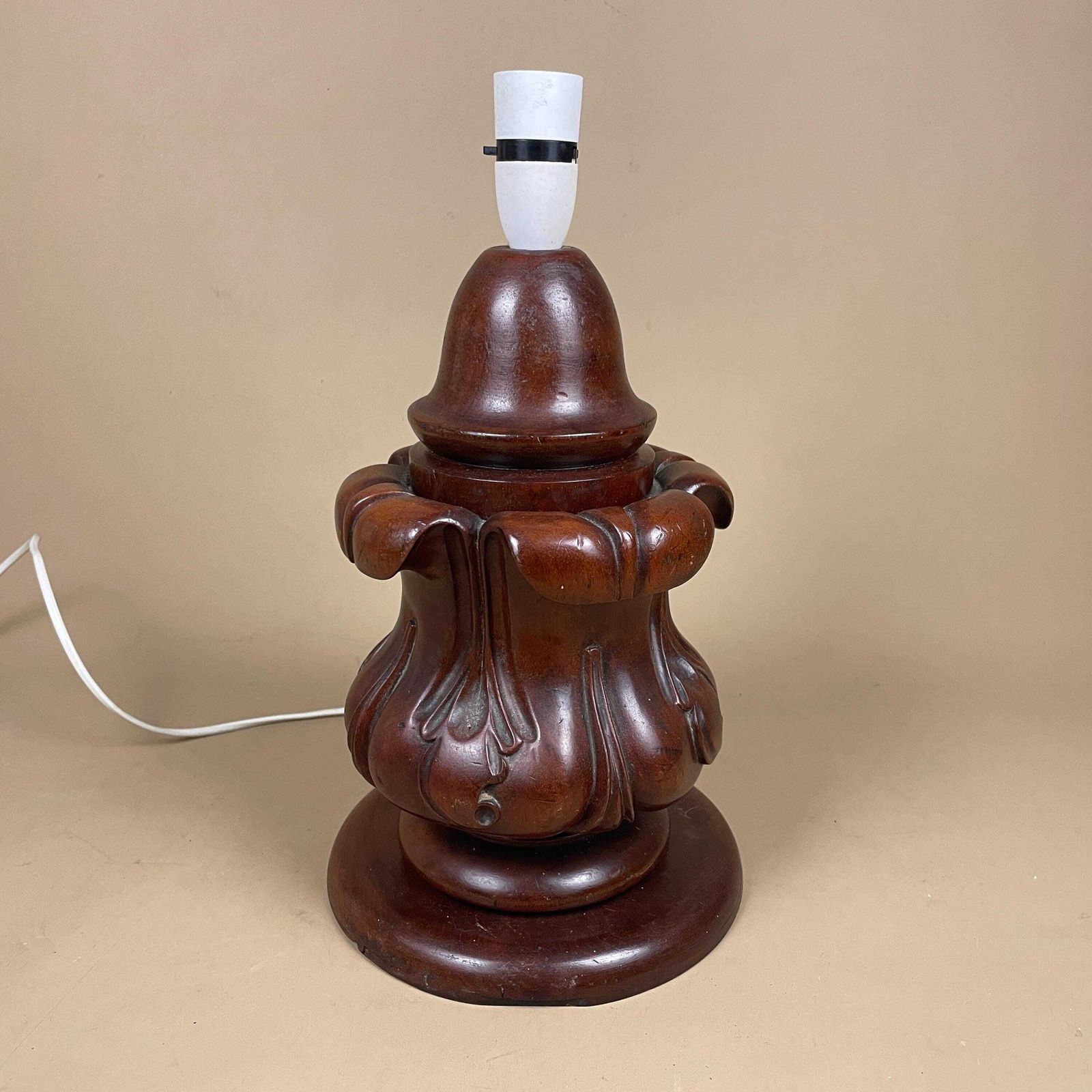 Wooden Lamp Light Bedside Side Table Vintage Hand Carved Wood Pattern Brown Chunky Handmade Traditional Antique Classic photo vinterior
