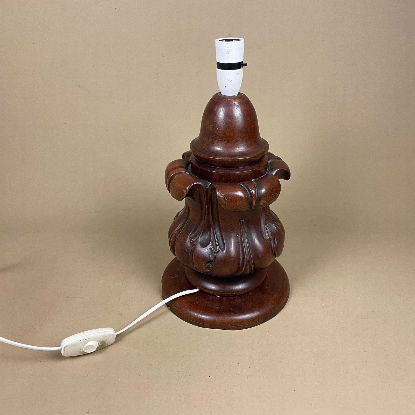 photo furniture Wooden Lamp Light Bedside Side Table Vintage Hand Carved Wood Pattern Brown Chunky Handmade Traditional Antique Classic