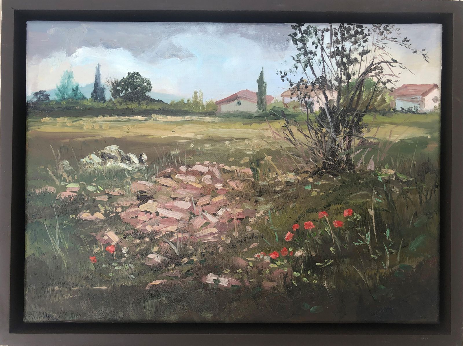 Alberto Biesok Small Mediterranean Countryside Landscape Painting With Wildflowers, Spanish Oil 2020 photo furniture