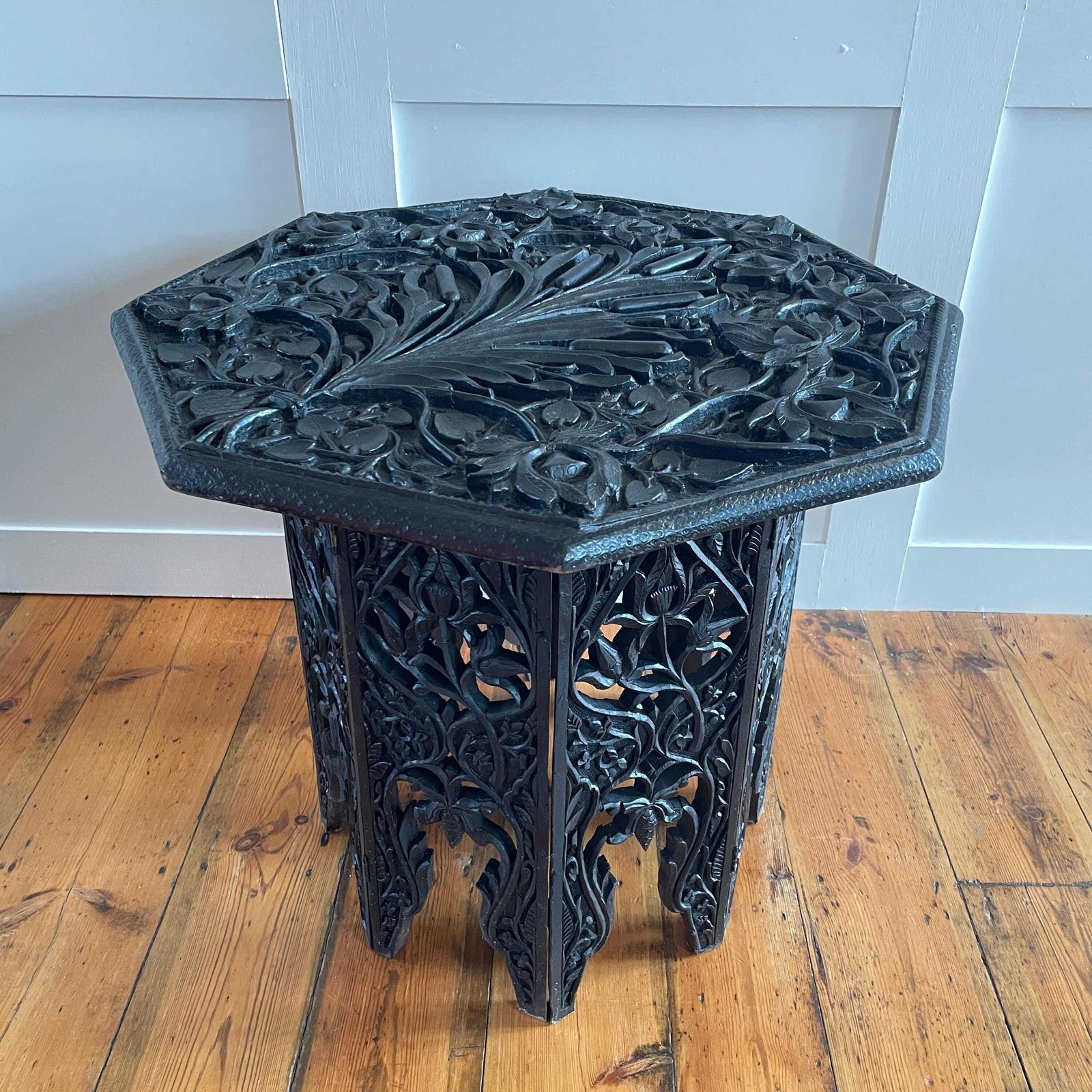 Anglo Indian Wooden Table Fold Down Campaign Decorative Intricate Patterned Hand Crafted Octogan C.1900 Antique Plant Stand Carved Wood