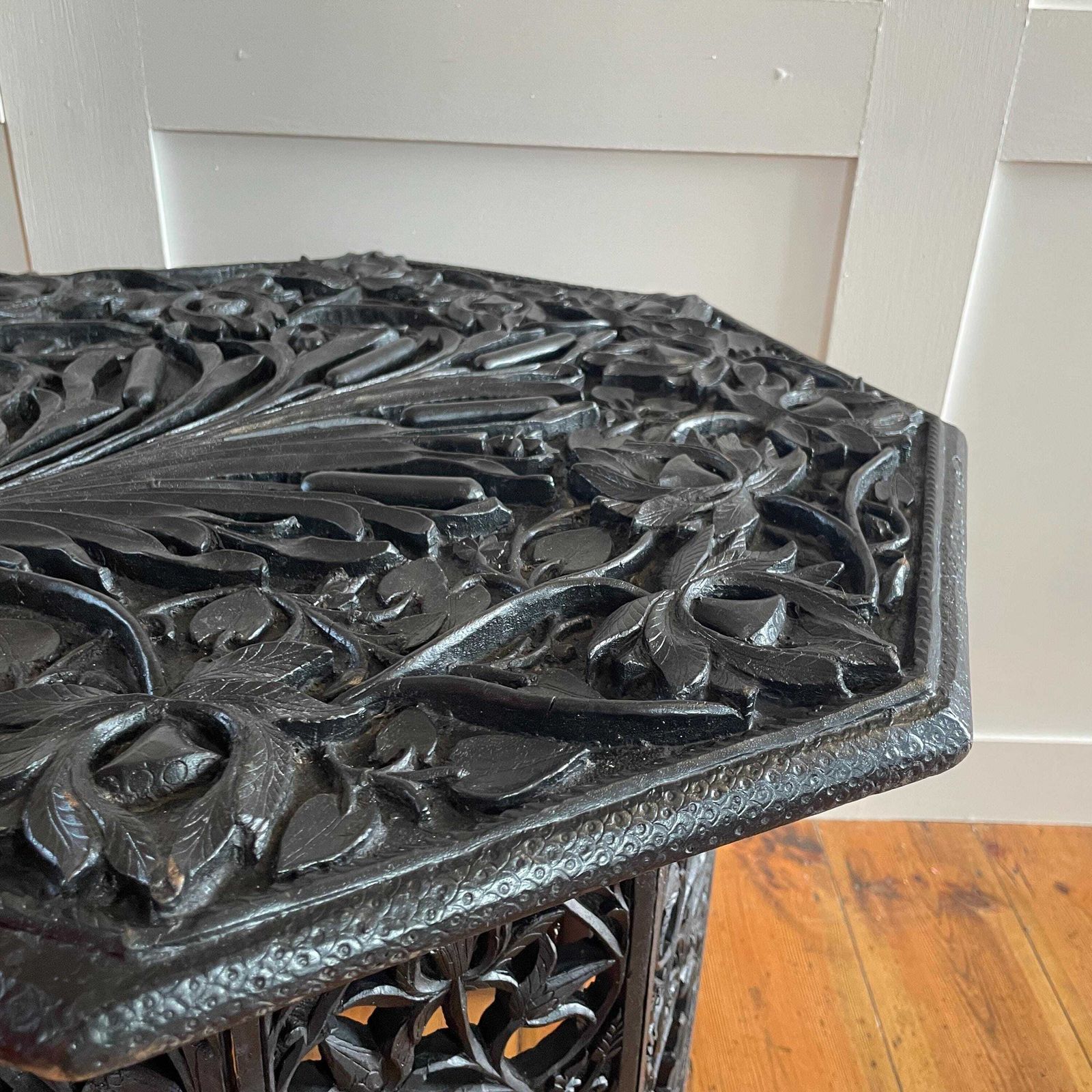 Anglo Indian Wooden Table Fold Down Campaign Decorative Intricate Patterned Hand Crafted Octogan C.1900 Antique Plant Stand Carved Wood photo Furniture