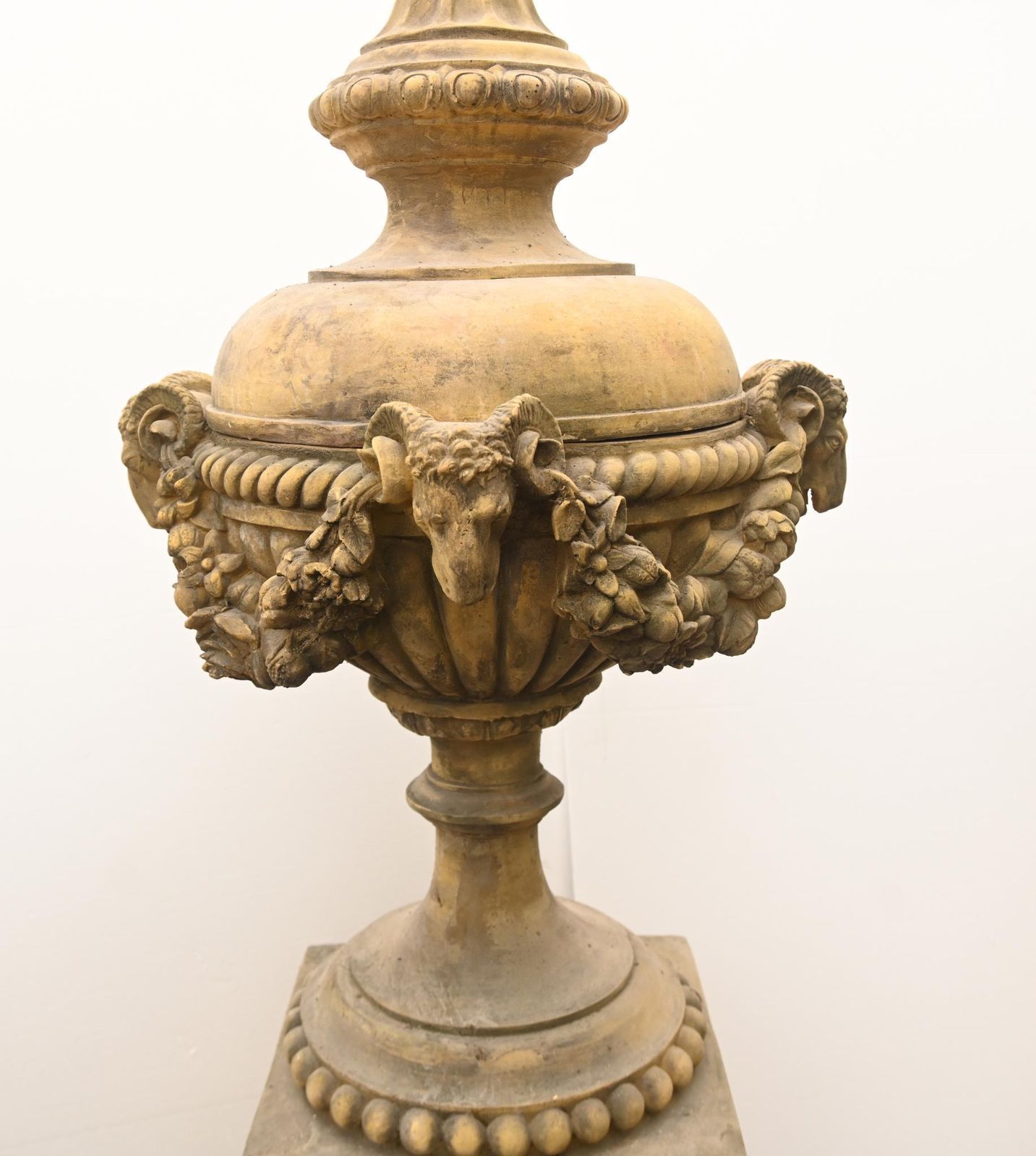 Pair Classical Stone Garden Urns English Finials With Ram Masks photo for sale