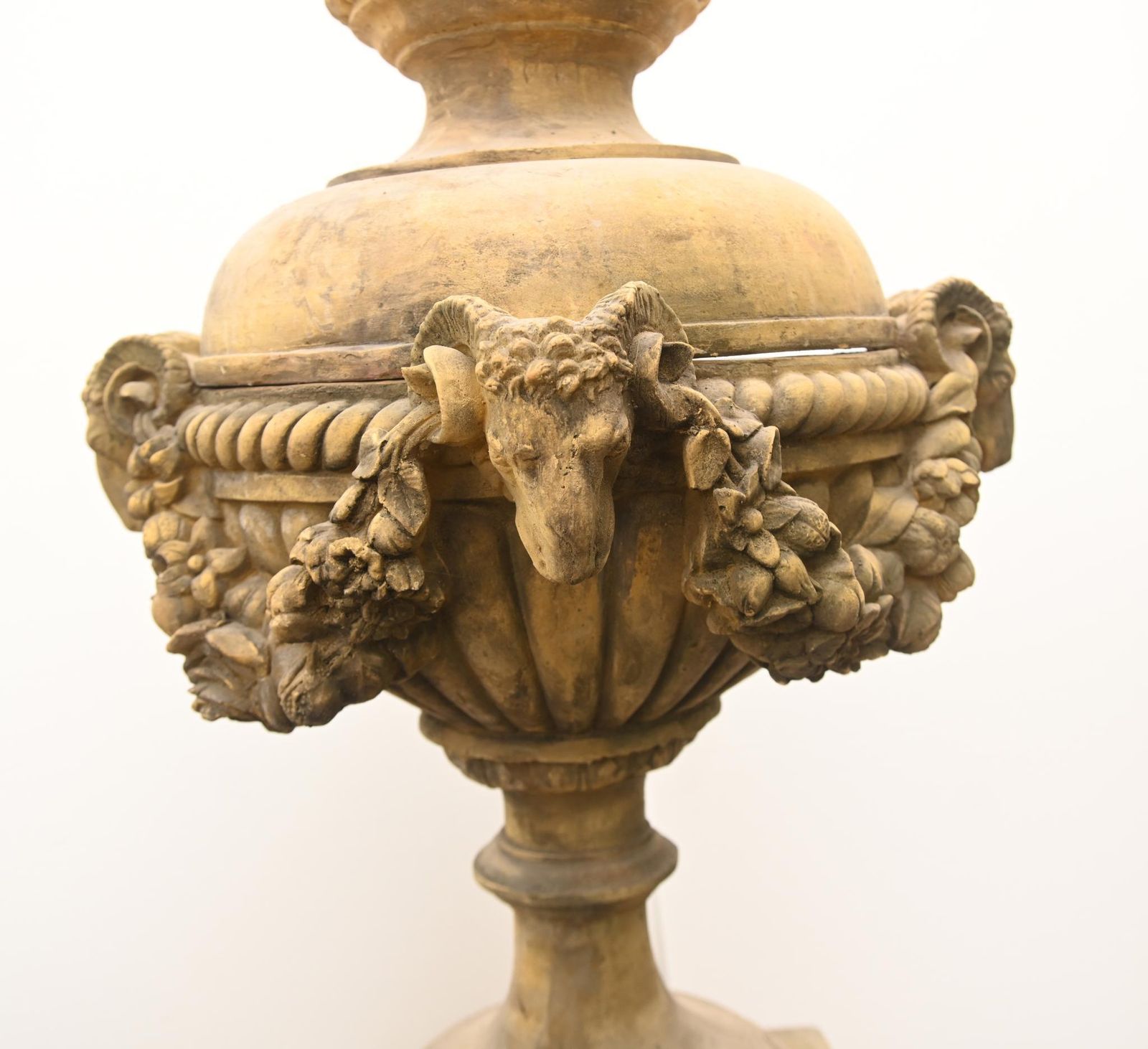 Pair Classical Stone Garden Urns English Finials With Ram Masks photo vinterior