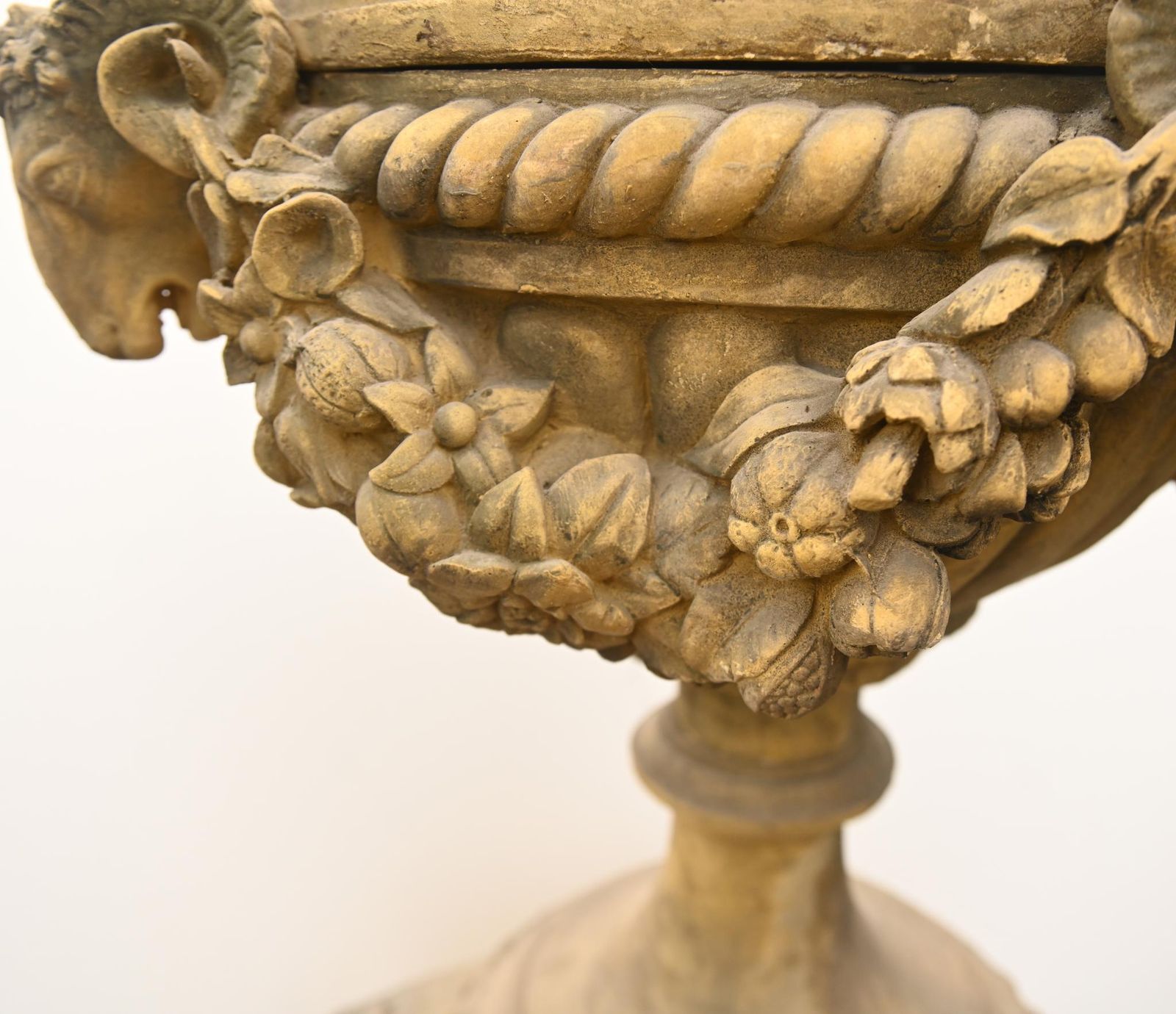 Pair Classical Stone Garden Urns English Finials With Ram Masks photo vintage
