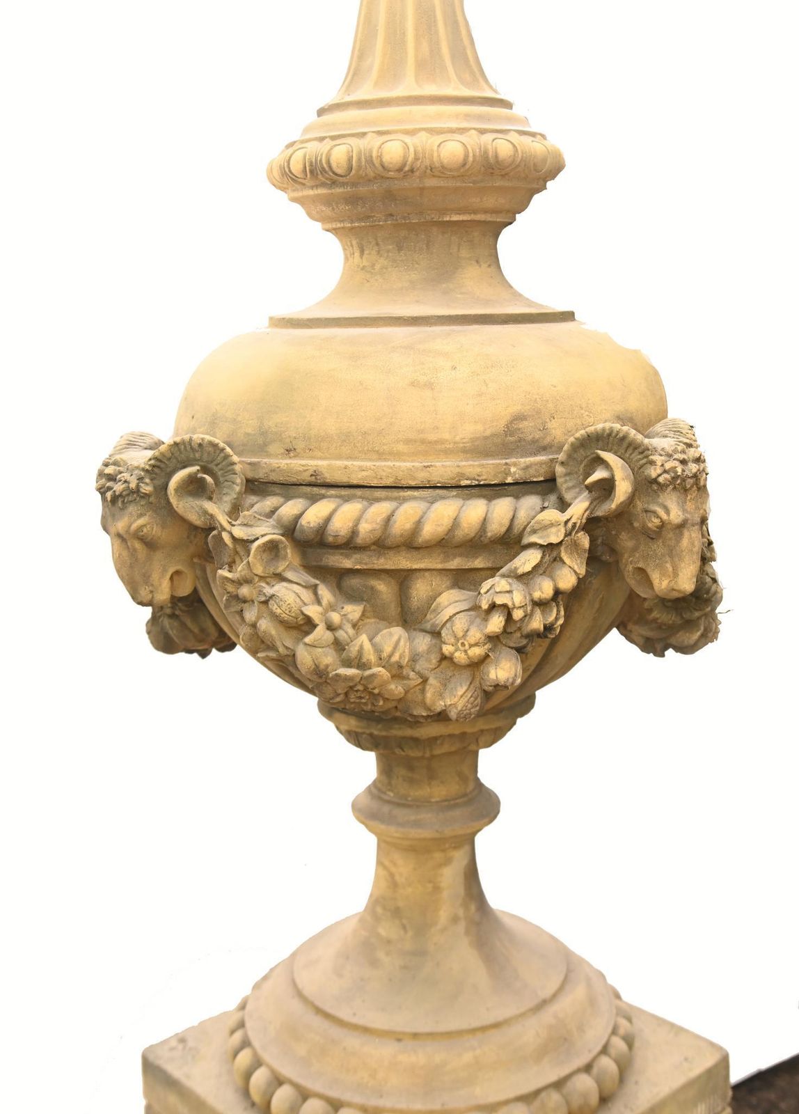 photo for sale Pair Classical Stone Garden Urns English Finials With Ram Masks