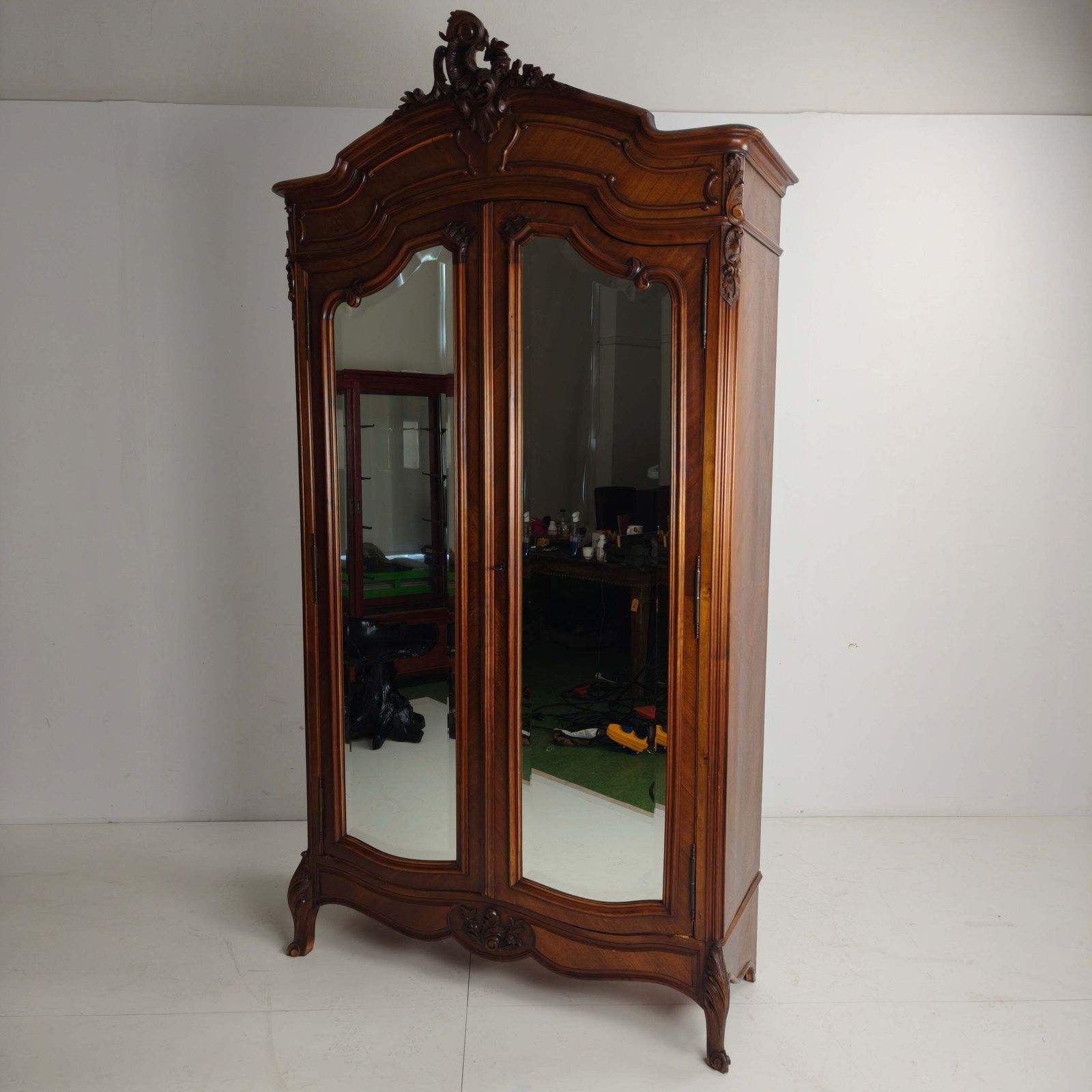 French Louis XV Style Carved Wood Armoire With Mirrored Doors