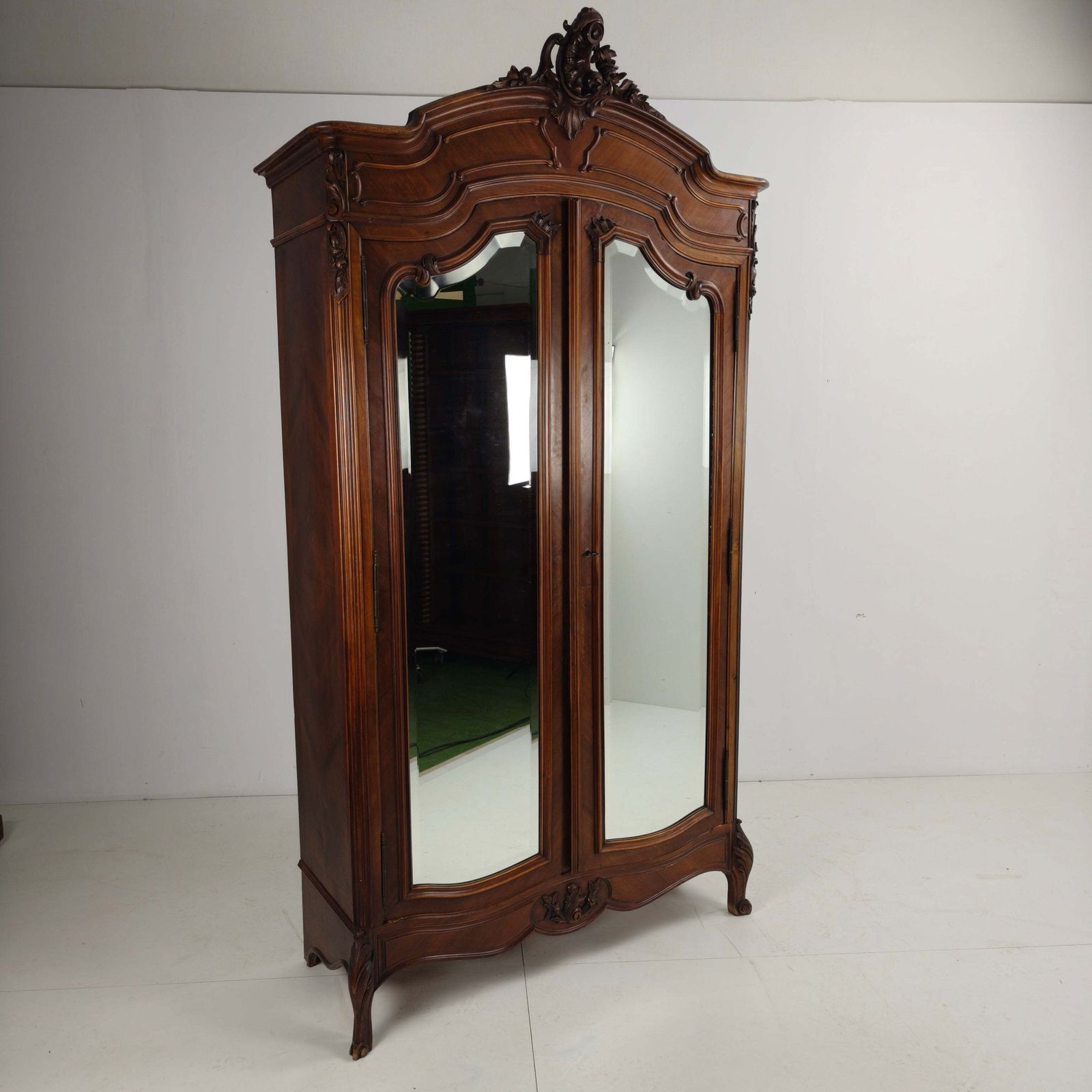 French Louis XV Style Carved Wood Armoire With Mirrored Doors photo furniture