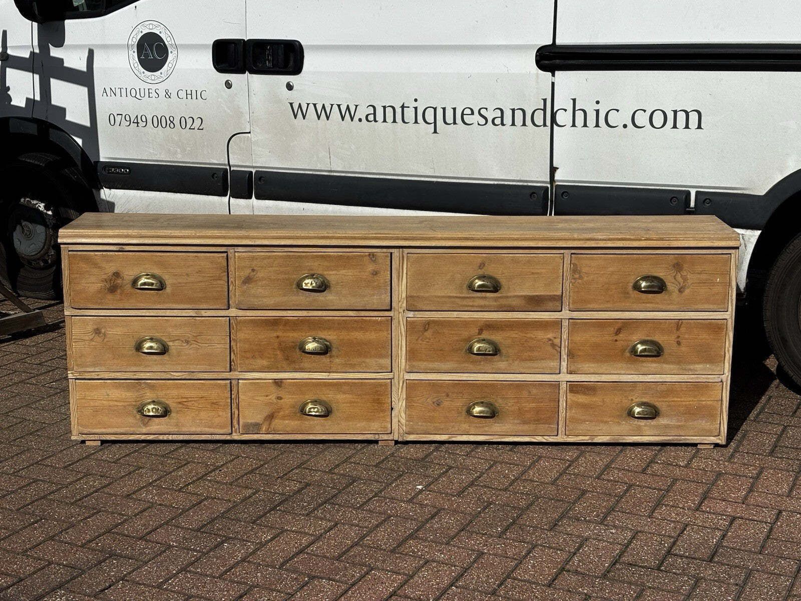 Pine Bank Of 12 Deep Shop Drawers. Perfect For A Large Tv To Sit On. photo 1510.0