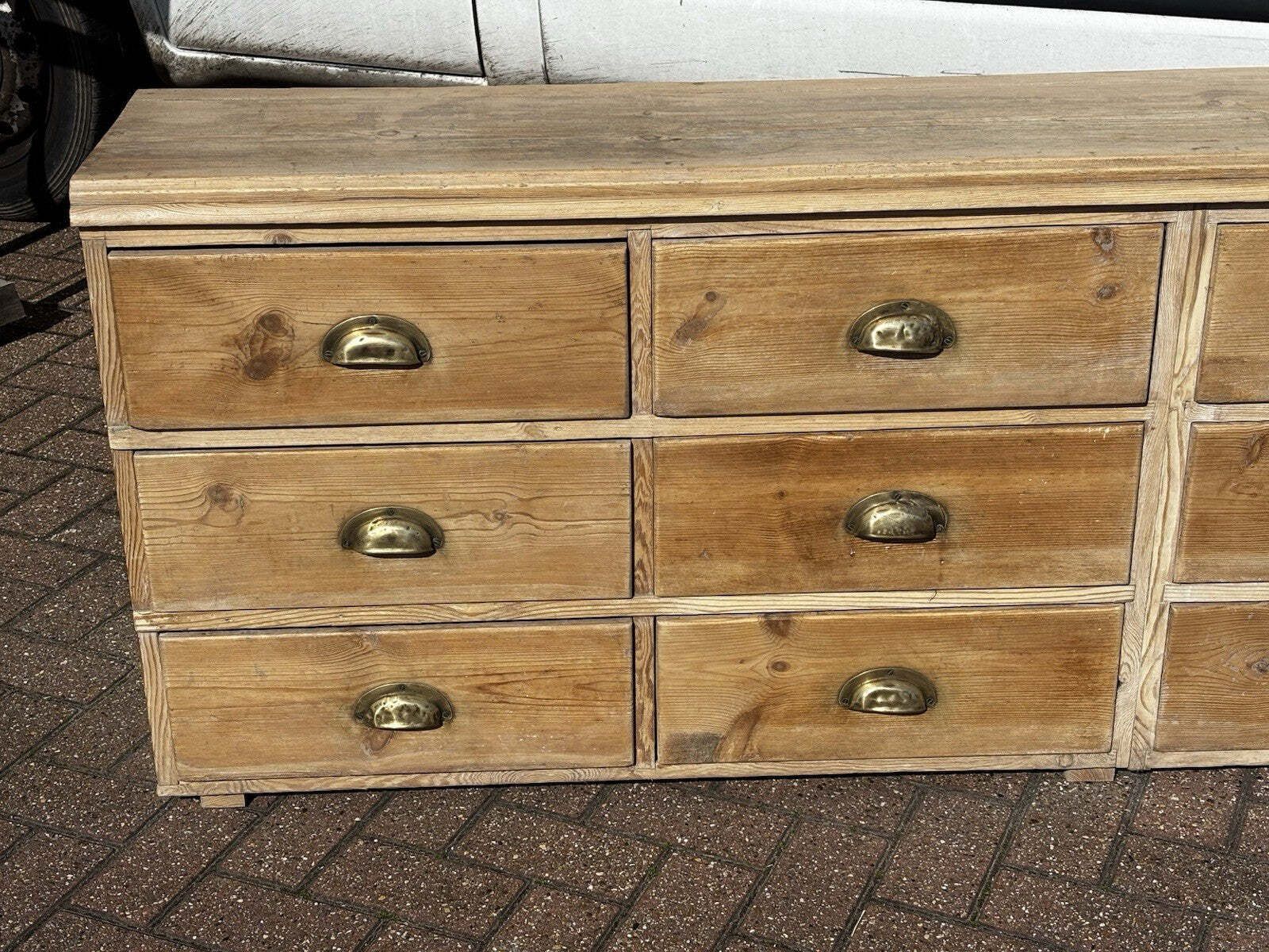 Pine Bank Of 12 Deep Shop Drawers. Perfect For A Large Tv To Sit On. photo vintage