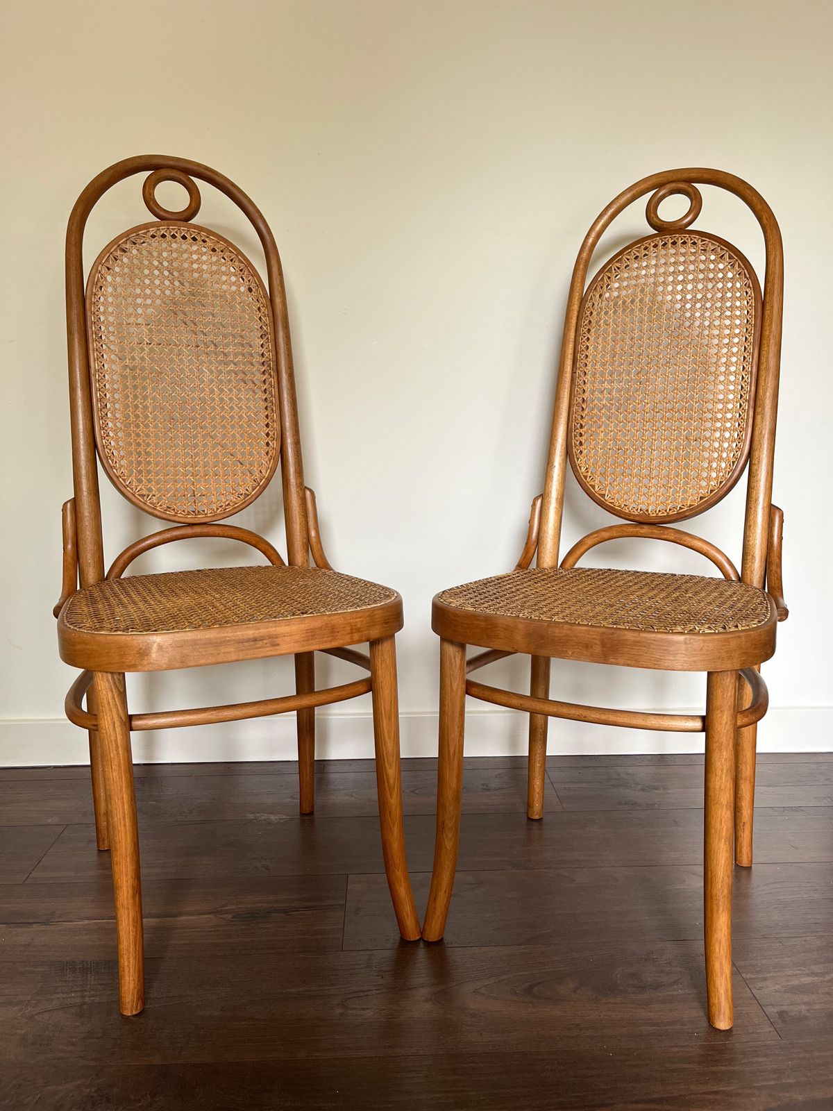 4 1960's Beech Bentwood Cane Dining Chairs By Dinette In The Thonet 'Long John' No.17 Style photo for sale