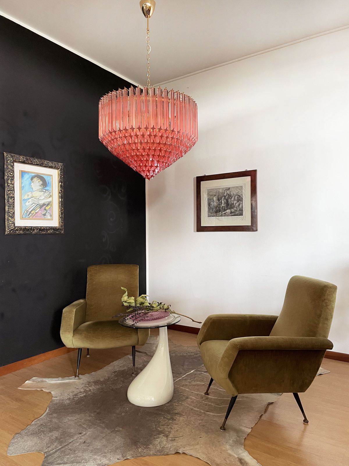 photo for sale Modern Quadriedri Murano Glass Chandelier   265 Pink Prism   Gold Frame
