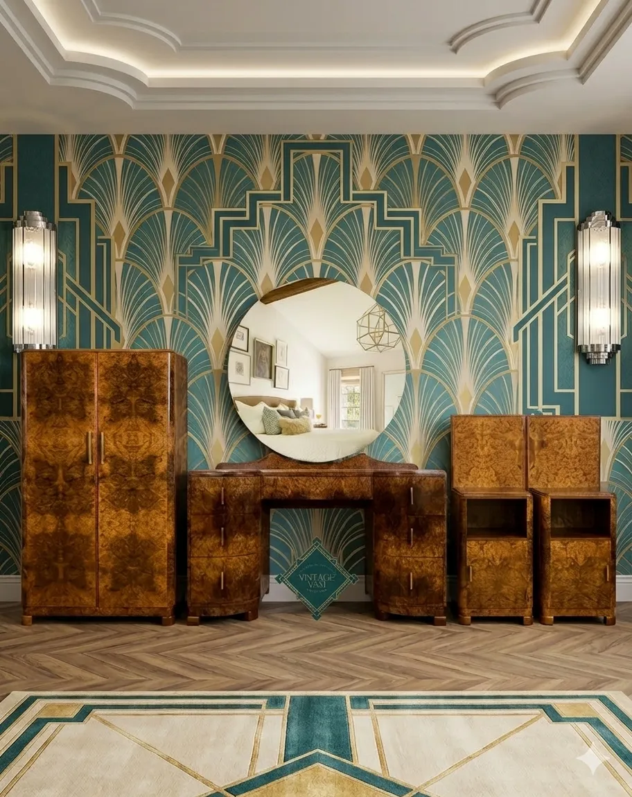 Art Deco Bedroom Suite, Dressing Table, Amoire, Bedsides