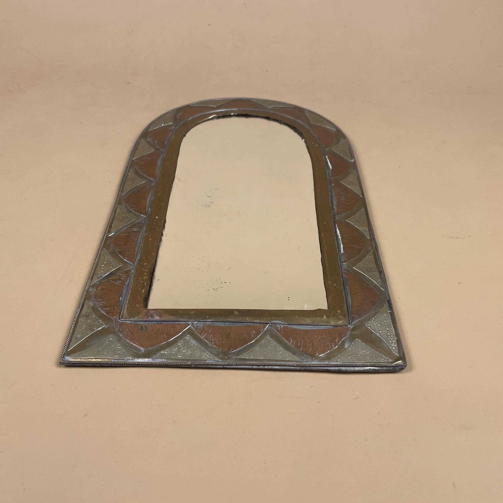 Moroccan Arched Wall Mirror Middle Eastern Style Silver Copper Metal Frame Border Entryway Hanging Accent Mirror Small Portrait.