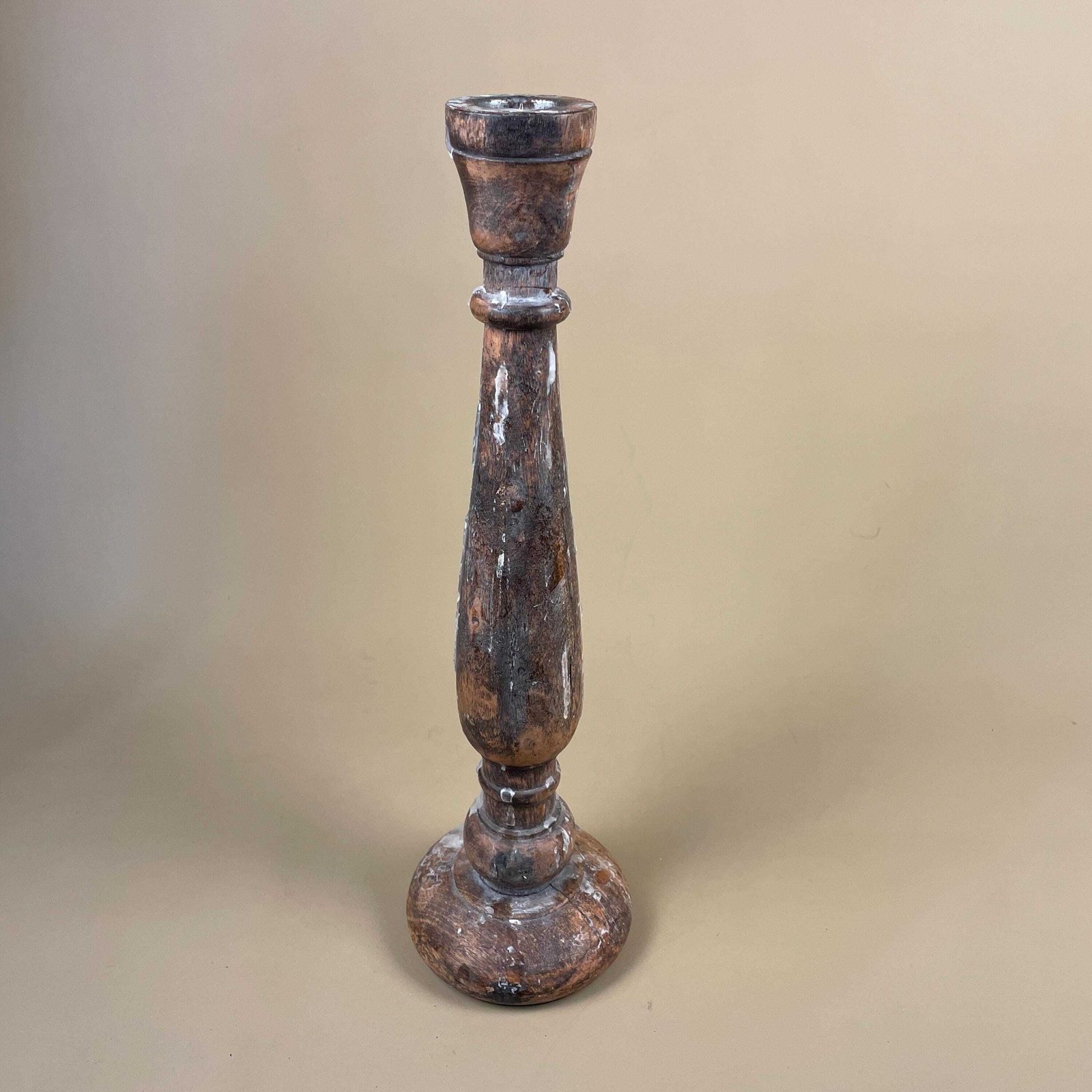 Large Vintage Wooden Candlestick Holder Indian Hand Carved Candle Stick Old Wax Table Display Piece Prop. photo vinterior