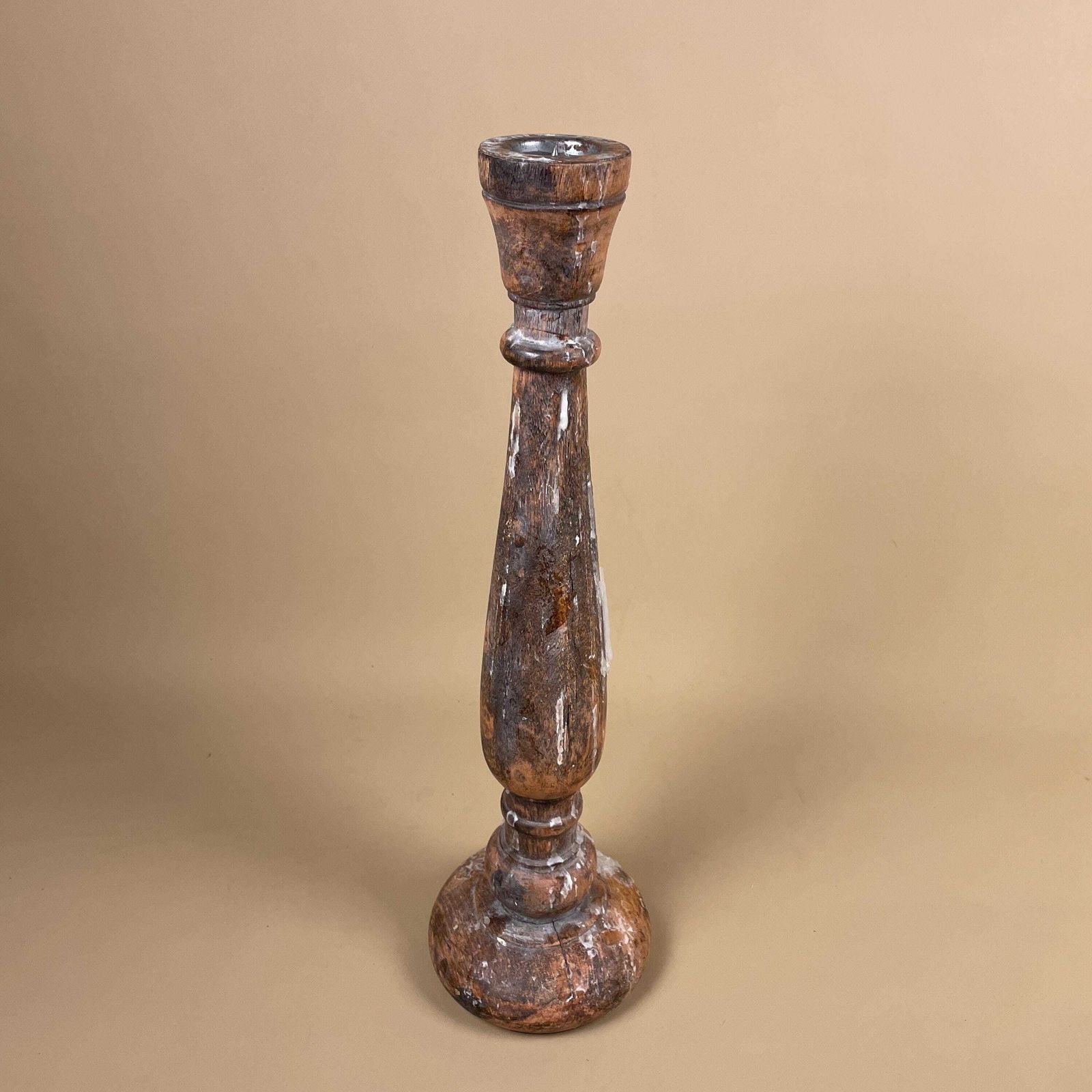 photo vintage Large Vintage Wooden Candlestick Holder Indian Hand Carved Candle Stick Old Wax Table Display Piece Prop.