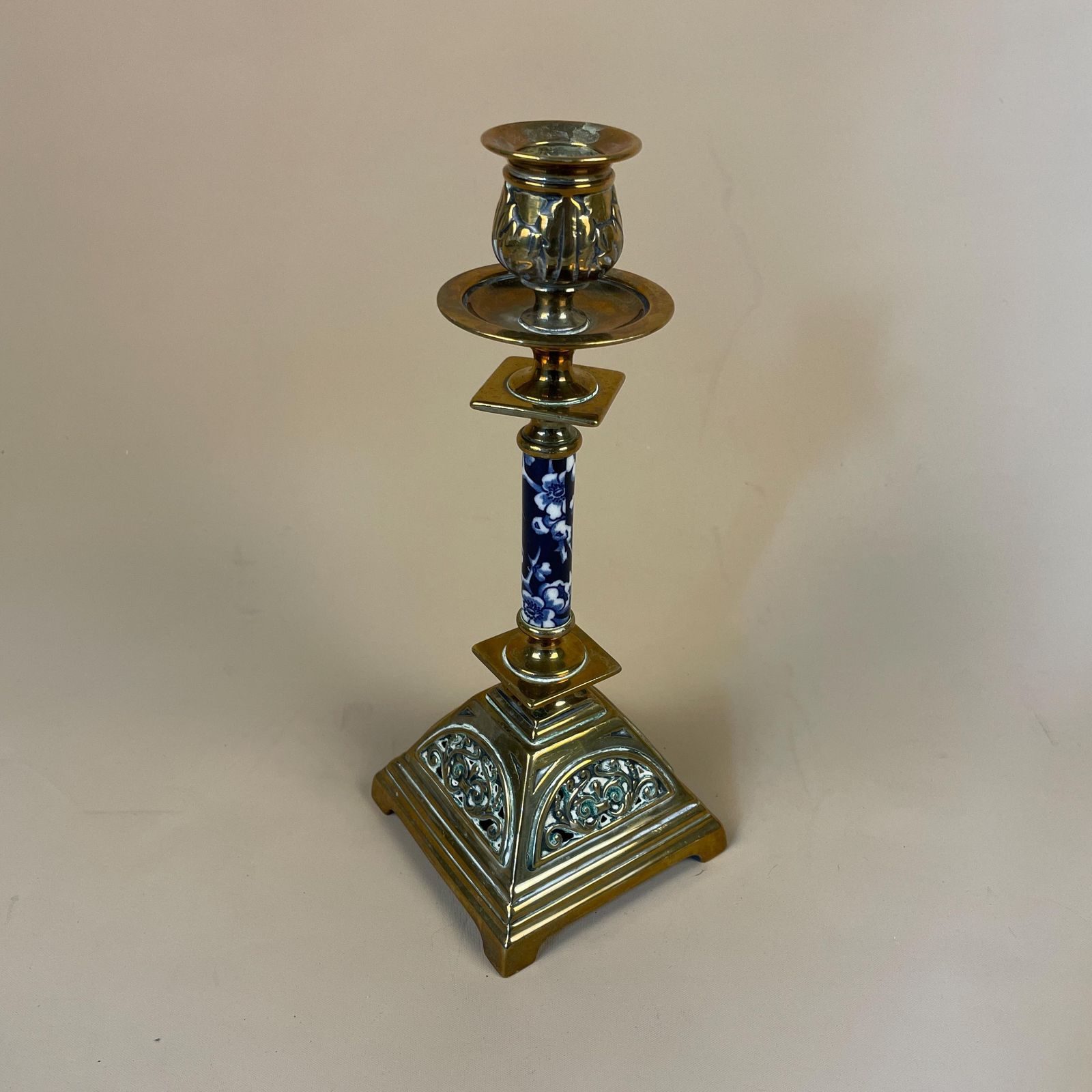 Antique Style Gold Brass Metal & Ceramic Candlestick Candle Holder Ornate Single Square Base Table Display Individual.