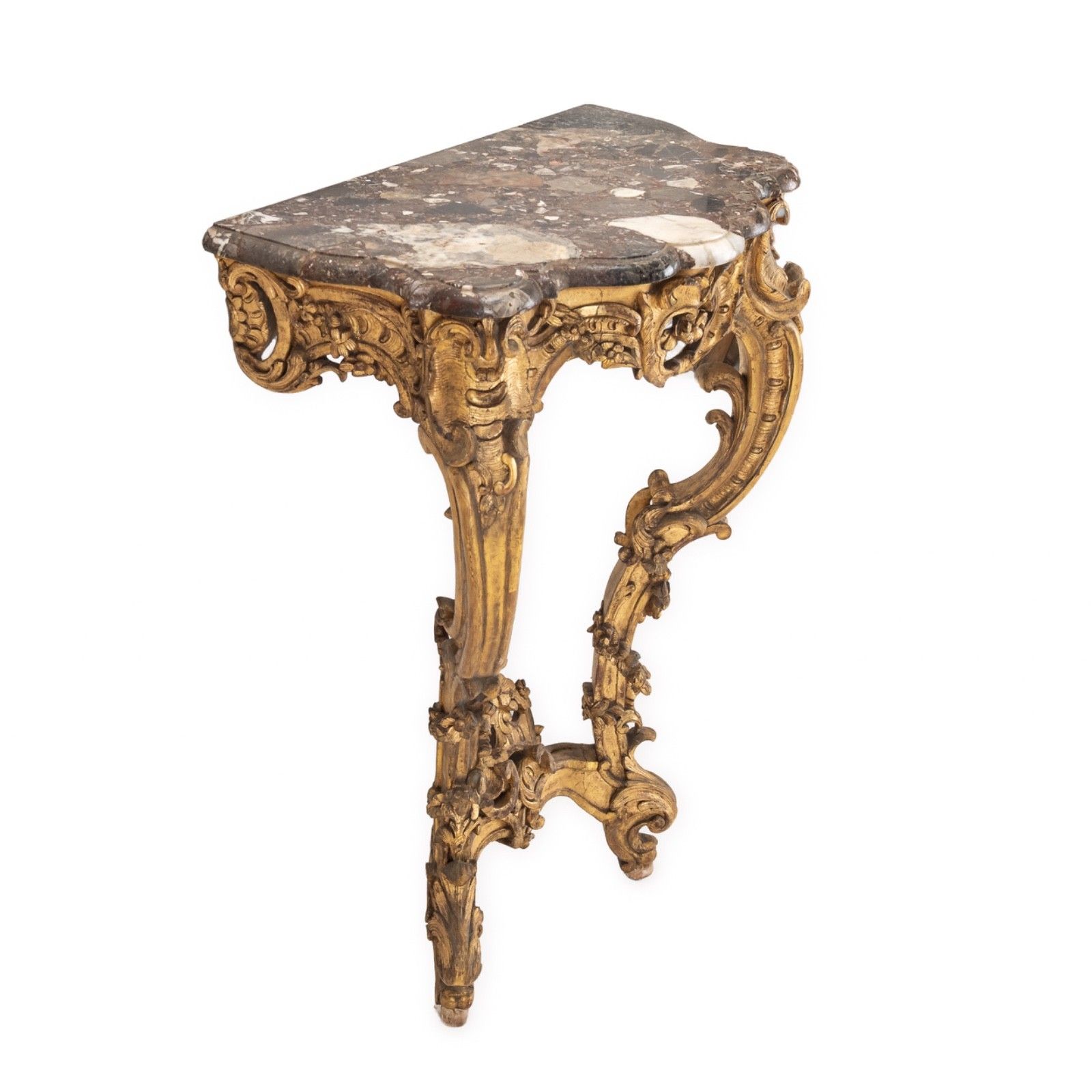 C19th Rococo Revival Giltwood Console Table With Breccia Marble Top, C.1840 1860 photo vinterior