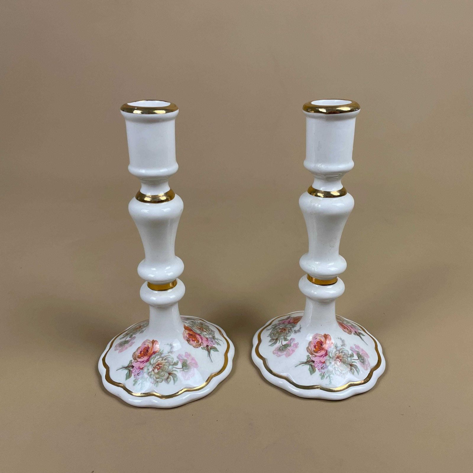 Pair Matching Ceramic Candlestick Holders Floral Royal Winton Pottery Scalloped Base White Pink Flowers Gold Rims Candle Holders Mantle photo furniture