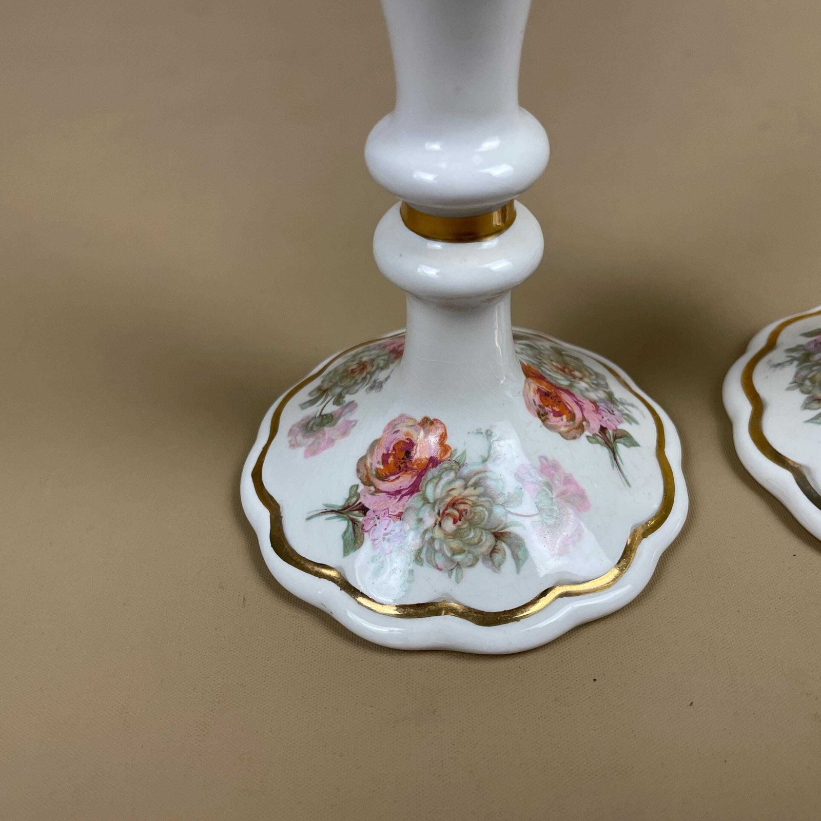 Pair Matching Ceramic Candlestick Holders Floral Royal Winton Pottery Scalloped Base White Pink Flowers Gold Rims Candle Holders Mantle photo for sale