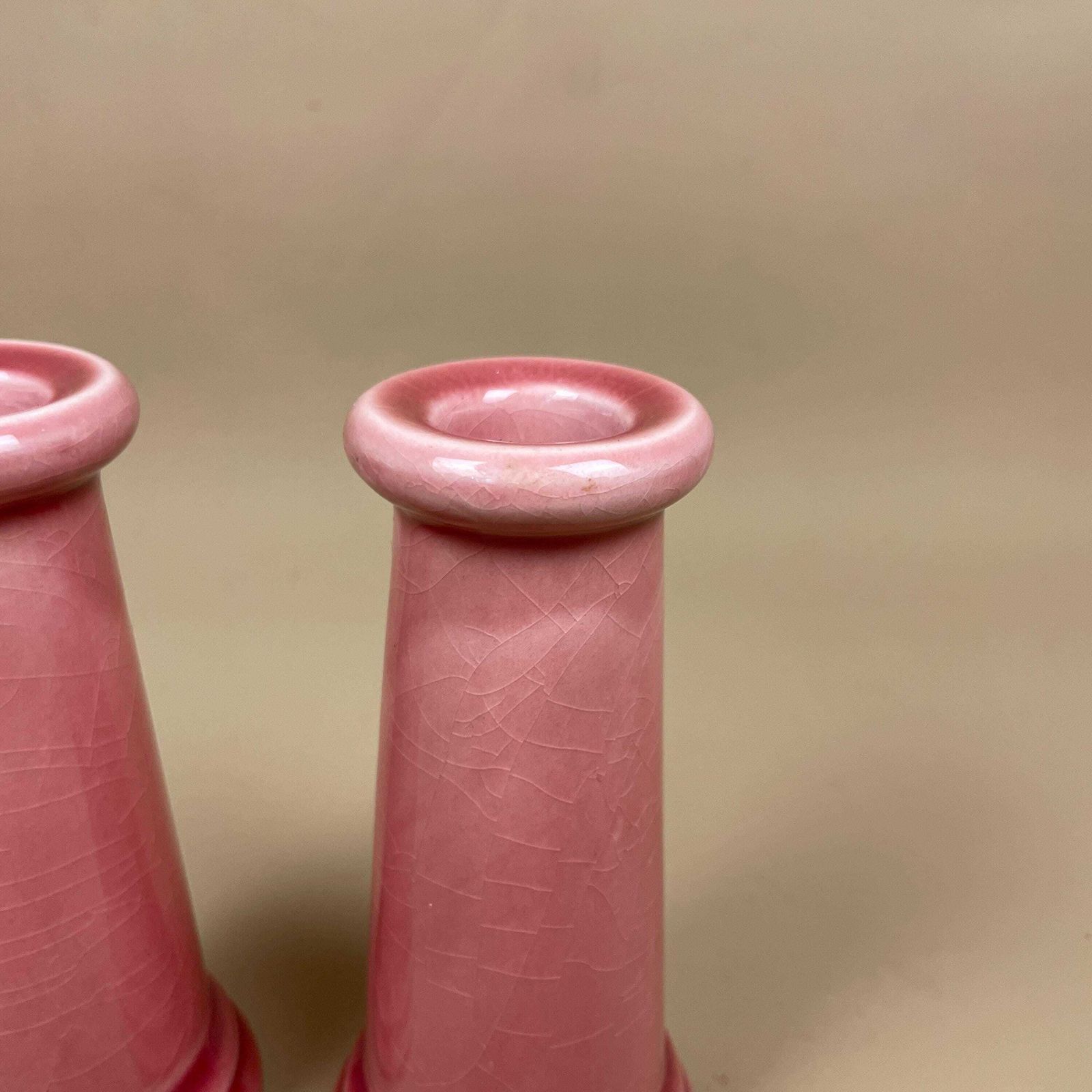 Pink Ceramic Candle Holders Pair Vintage Mid Century Modern Retro Style Crackle Glaze Set Vintage Decor Round Table Mantle Display photo 55.0
