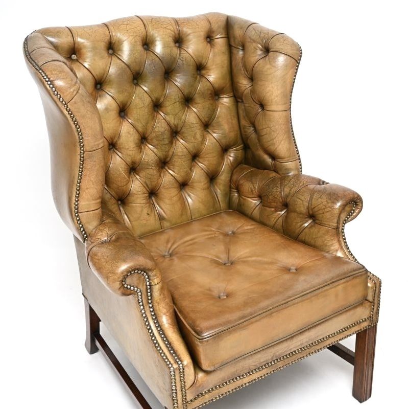 Pair Of Antique Georgian Style Leather Wing Back Armchairs photo Furniture