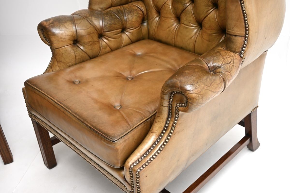 Pair Of Antique Georgian Style Leather Wing Back Armchairs photo buy