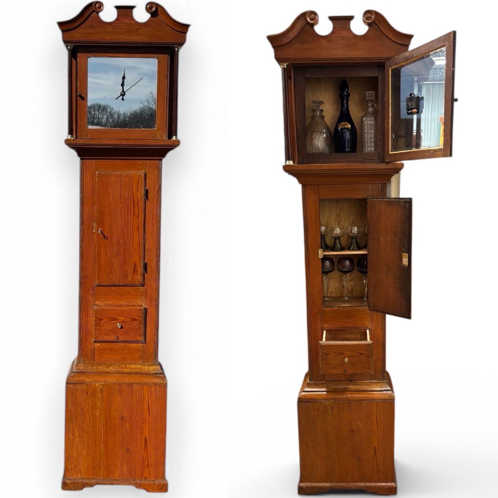 Georgian Pine Grandfather Clock Drinks Cabinet. A Useable Clock Too.