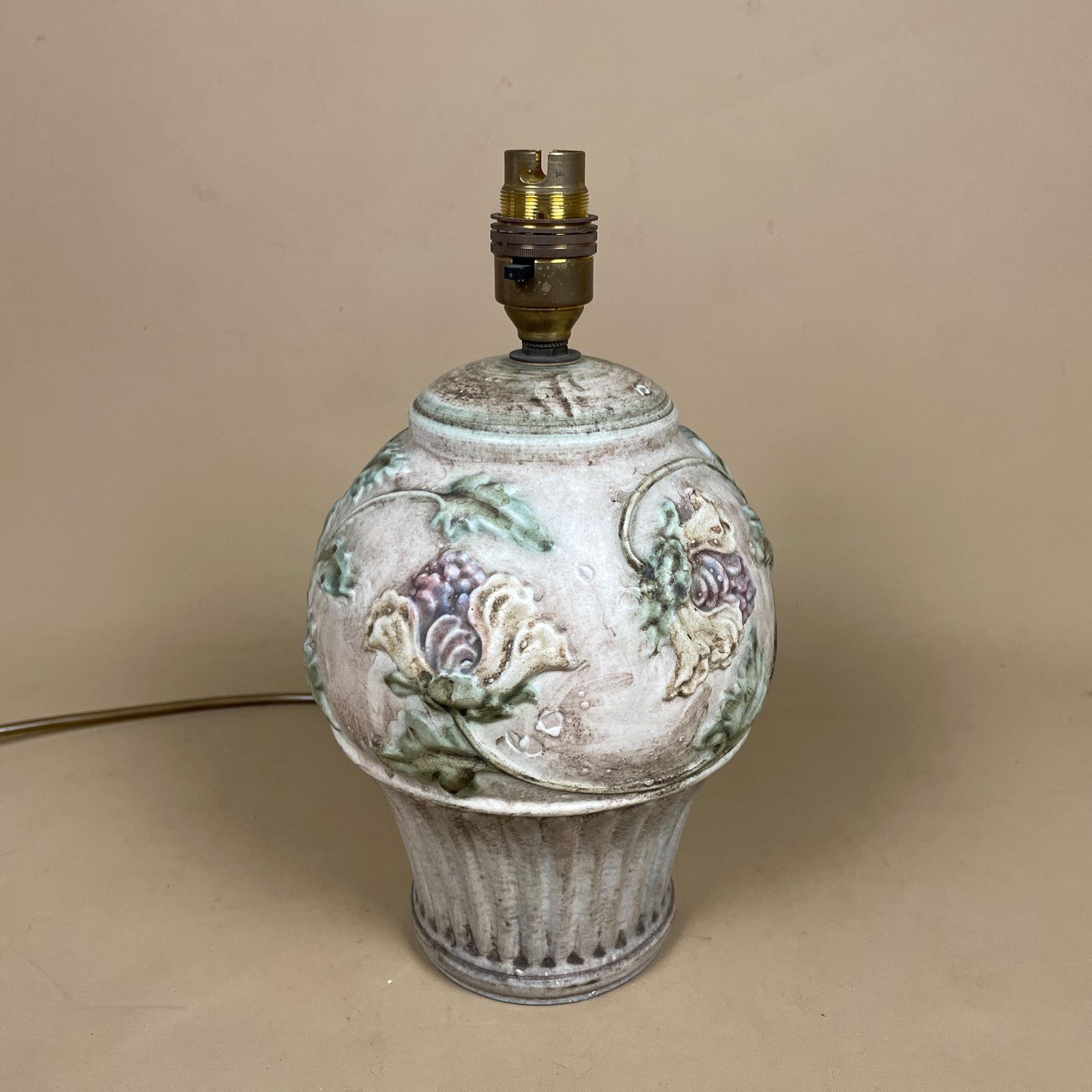 Vintage Ceramic Floral Lamp Purple Flowers Applied Relief Italian Style Table Lamp Cottage Decor Round Base photo furniture