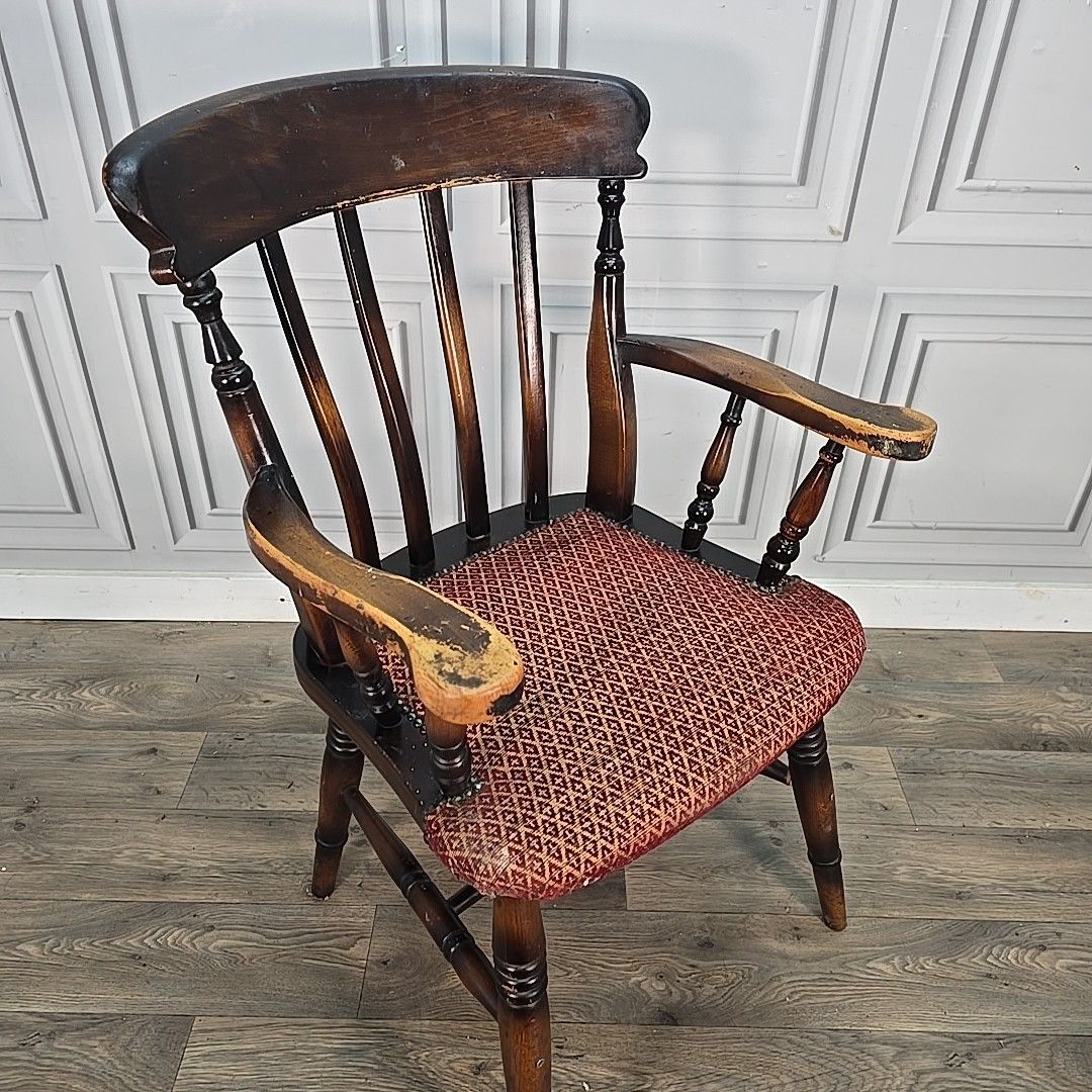 Antique High Back Armchair – Solid Wood Rustic Victorian Chair Farmhouse Country photo for sale