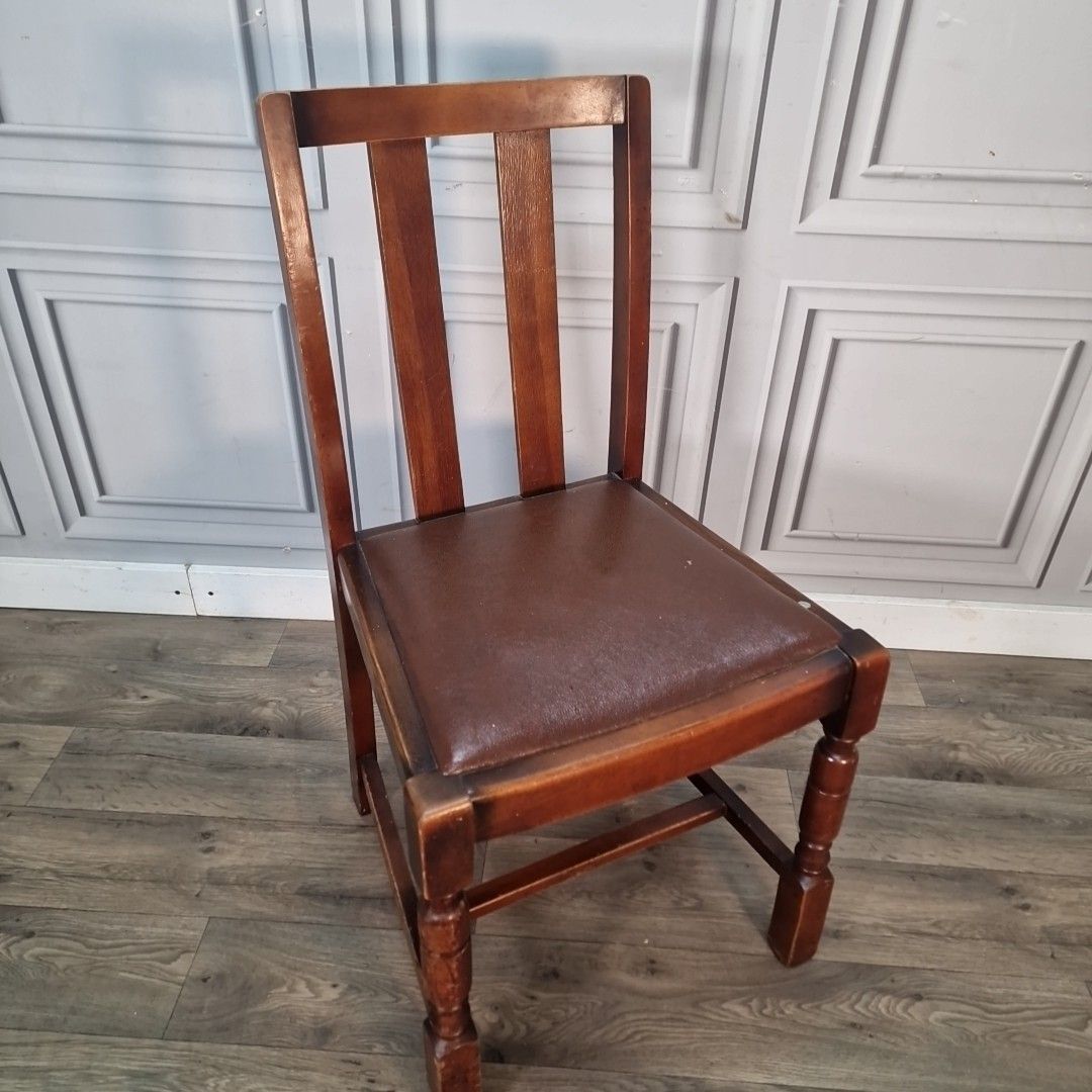 Vintage Wooden Dining Chair – Art Deco Brown Vinyl Seat Rustic Traditional Retro photo furniture