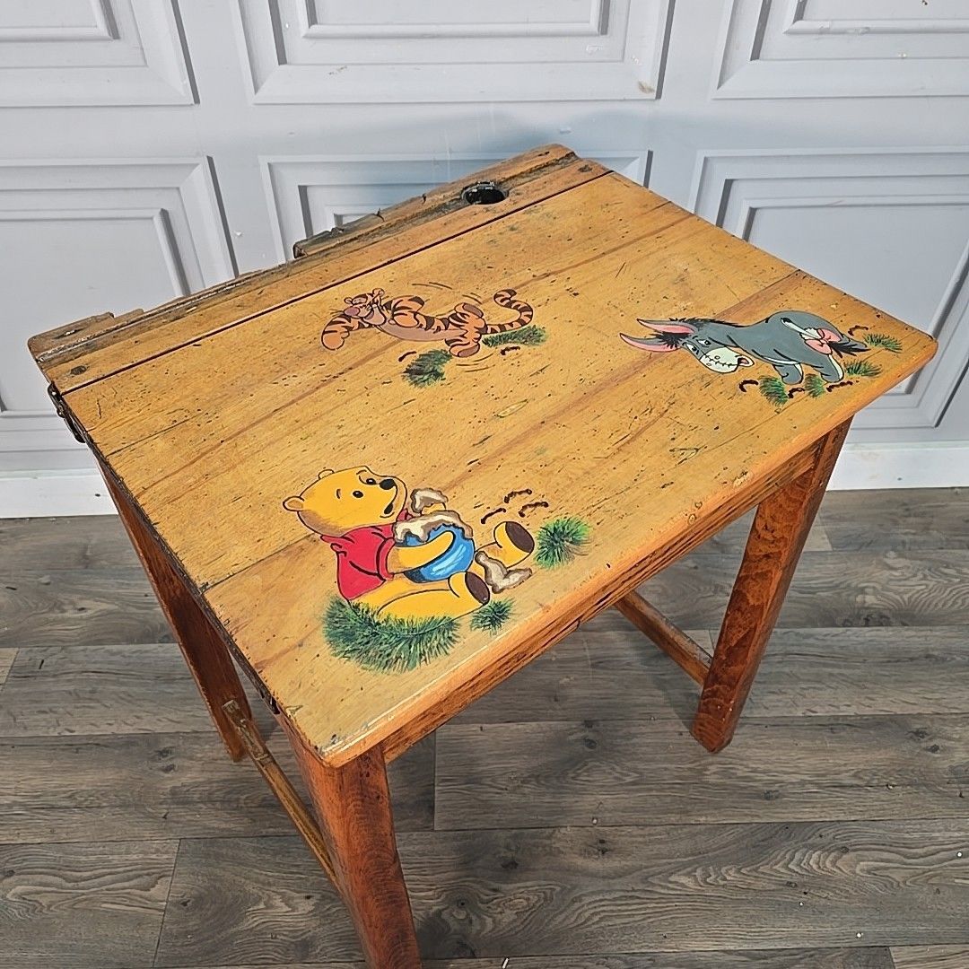 Vintage Child’s School Desk – Wooden Lift Top Storage – Winnie The Pooh Painted photo for sale