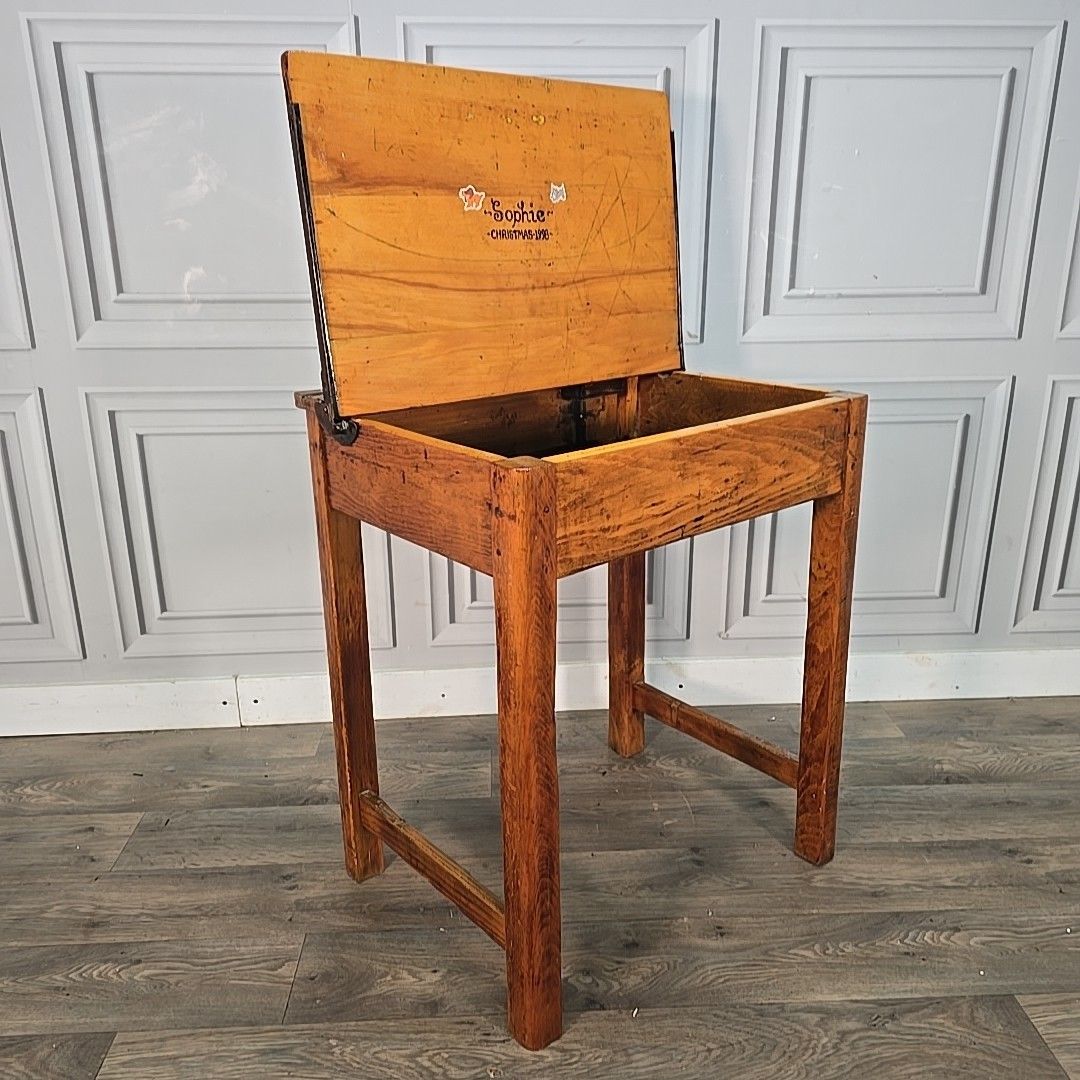 Furniture Vintage Child’s School Desk – Wooden Lift Top Storage – Winnie The Pooh Painted photo