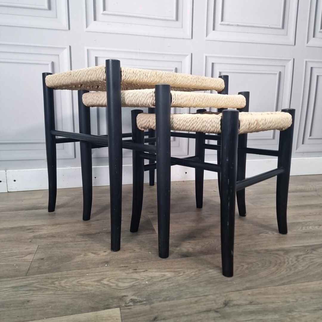 Vintage Nesting Tables Ebonized Danish Cord Woven 1960's Nest Of Stools Retro photo for sale