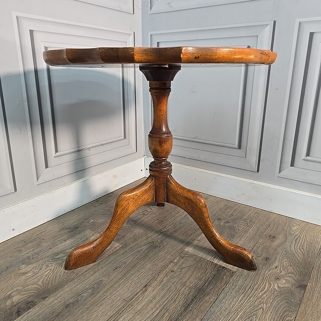 Antique Pedestal Wine Table Charles Barr Scalloped Edge – Yew Wood – Pie Crust photo for sale