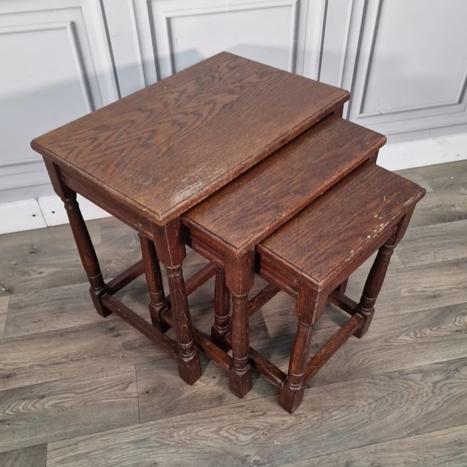 Vintage Nest Of Tables Wooden Oak Turned Legs Rustic Occasional Side Nesting photo furniture