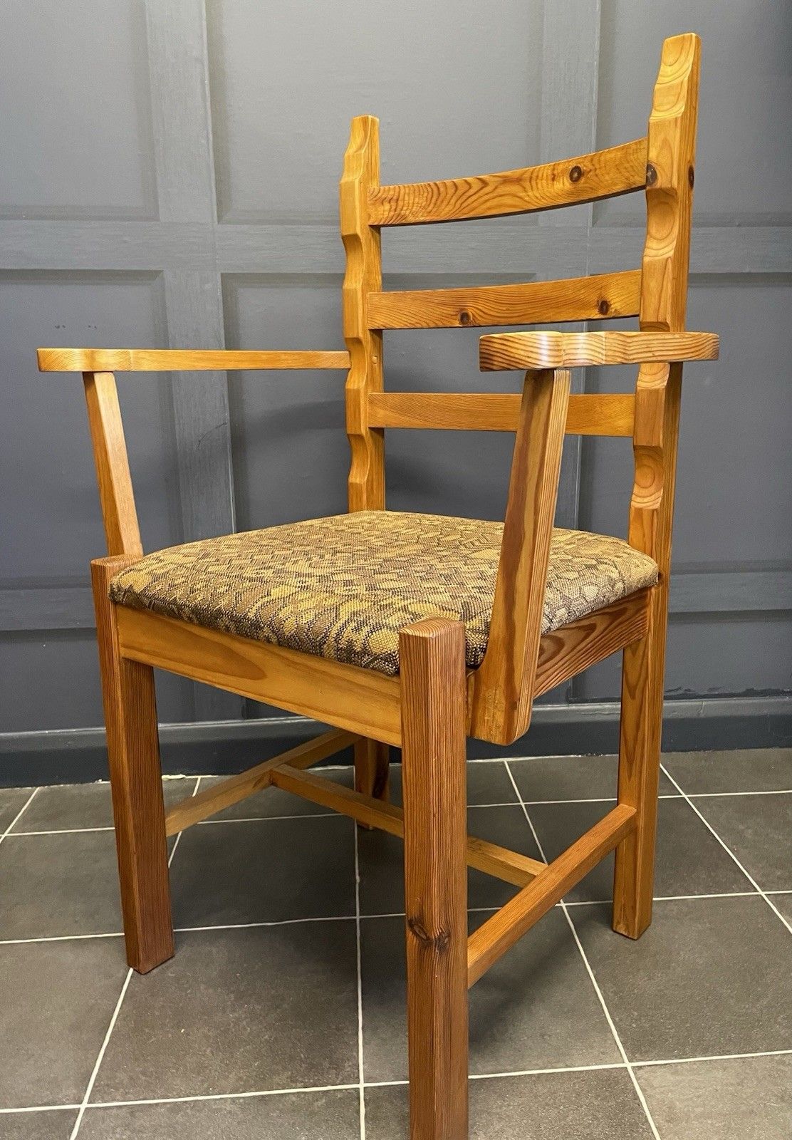 Mid Century Pine Ladder Back Desk Chair Armchair Original Fabric Stamped Js S photo buy