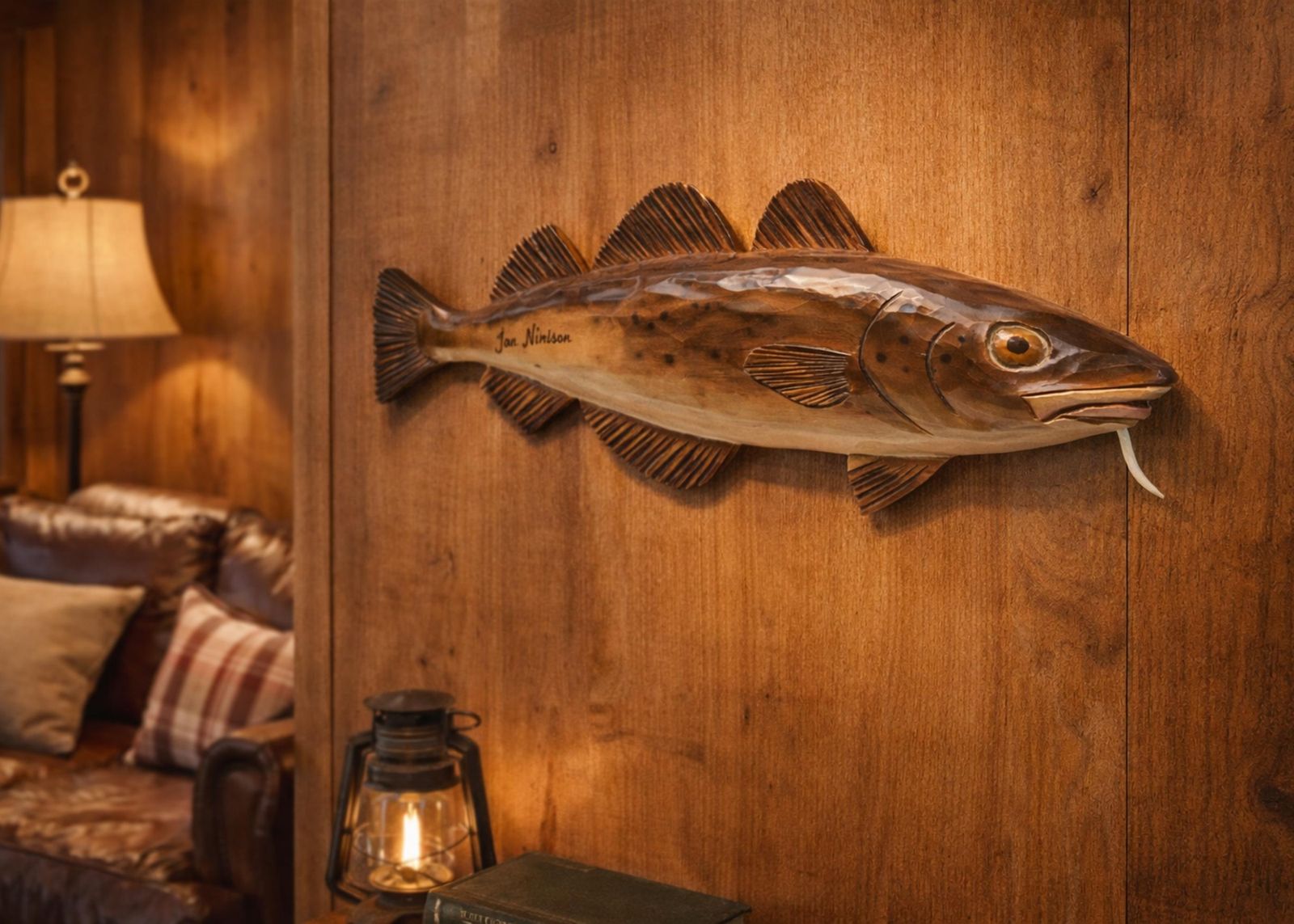 Elegant Fish Hand Carved Wooden Cod Wall Sculpture Jan Nilsson, Scandinavian Art photo furniture