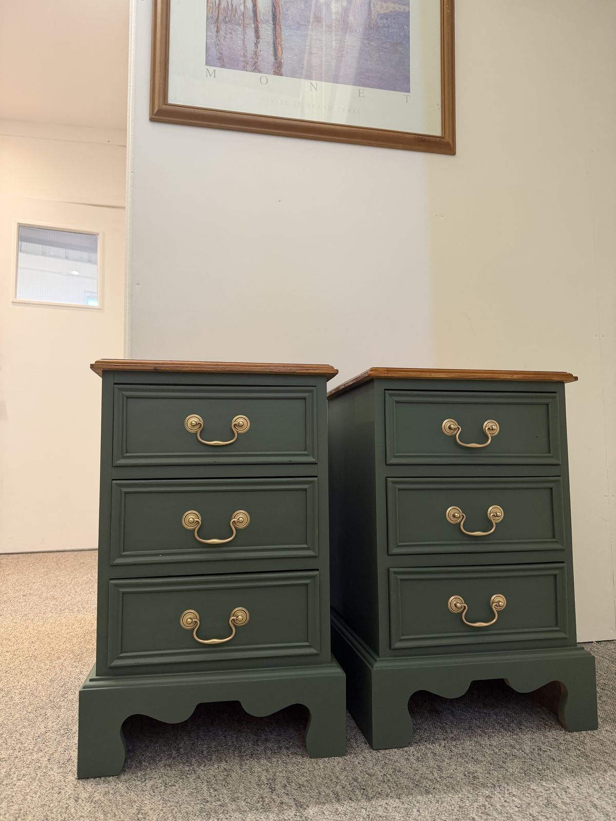 Antique Pine Bedside Tables (Pair) – Cottage Green & Walnut Top, C.1900s photo Furniture
