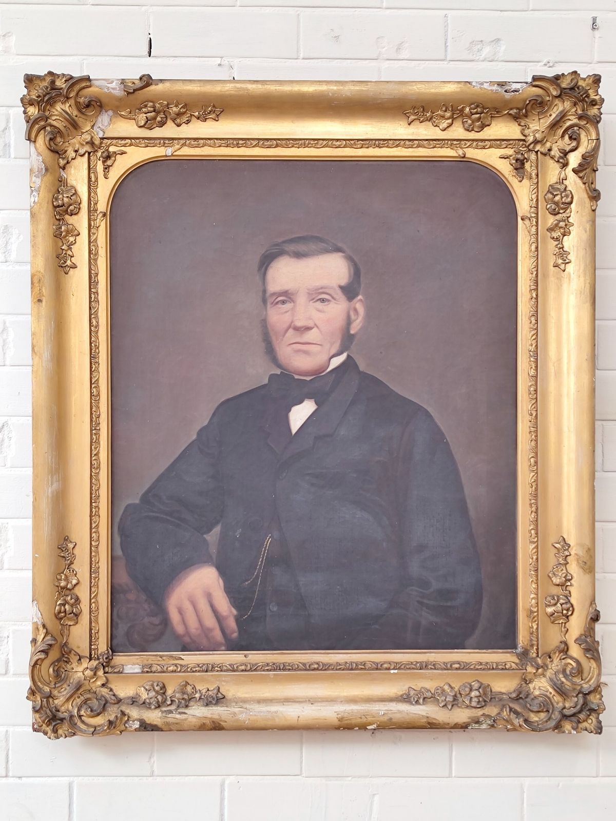 Large Antique Victorian Oil Portrait On Canvas Of A Gentleman In Gesso Frame