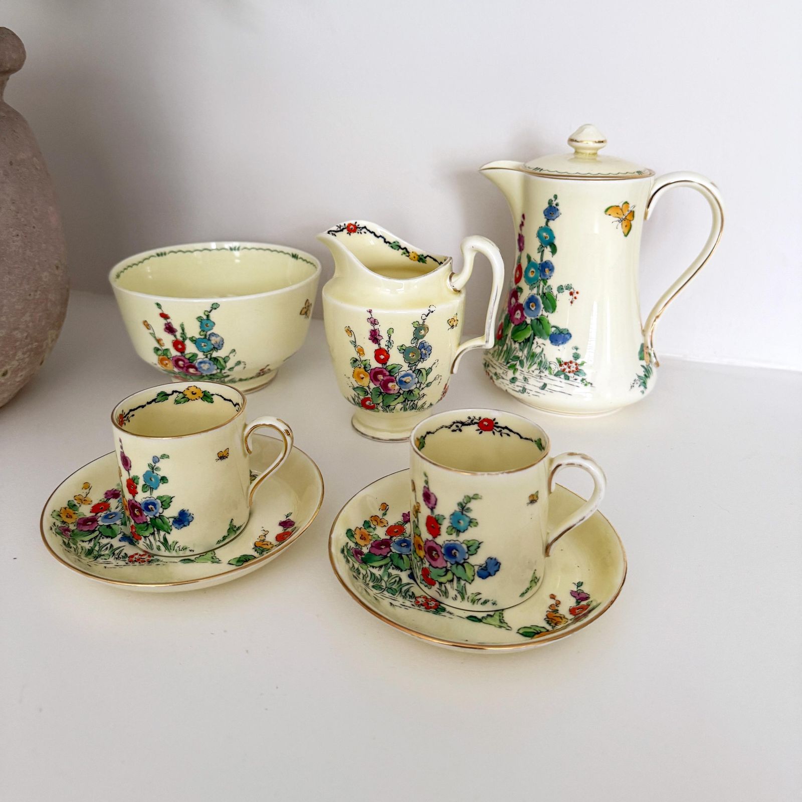 Rare Crown Staffordshire Hollyhock Coffee Set – Hand Painted