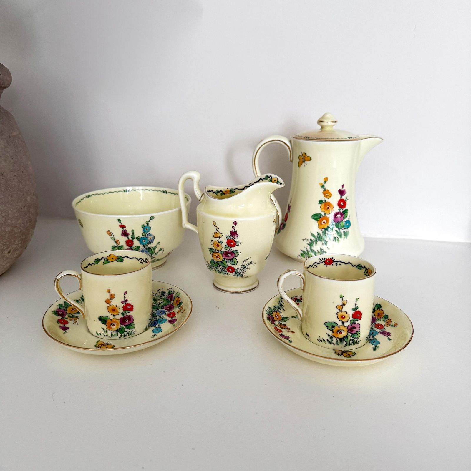 Rare Crown Staffordshire Hollyhock Coffee Set – Hand Painted photo furniture