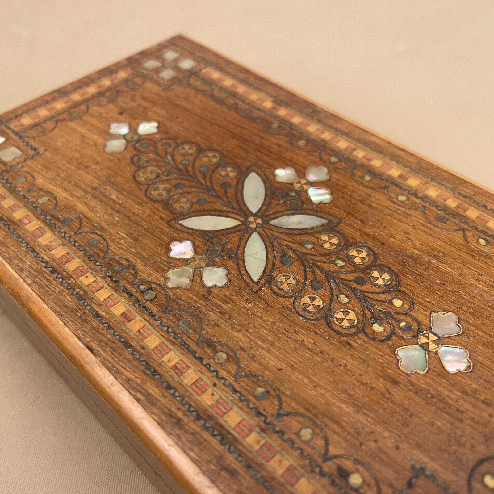 Wooden Rectangle Marquetry Inlay Box Trinket Jewellery Lidded Top Lid Patterned Pattern Handmade Table Top Wood Detailed Ornate Pattern photo for sale