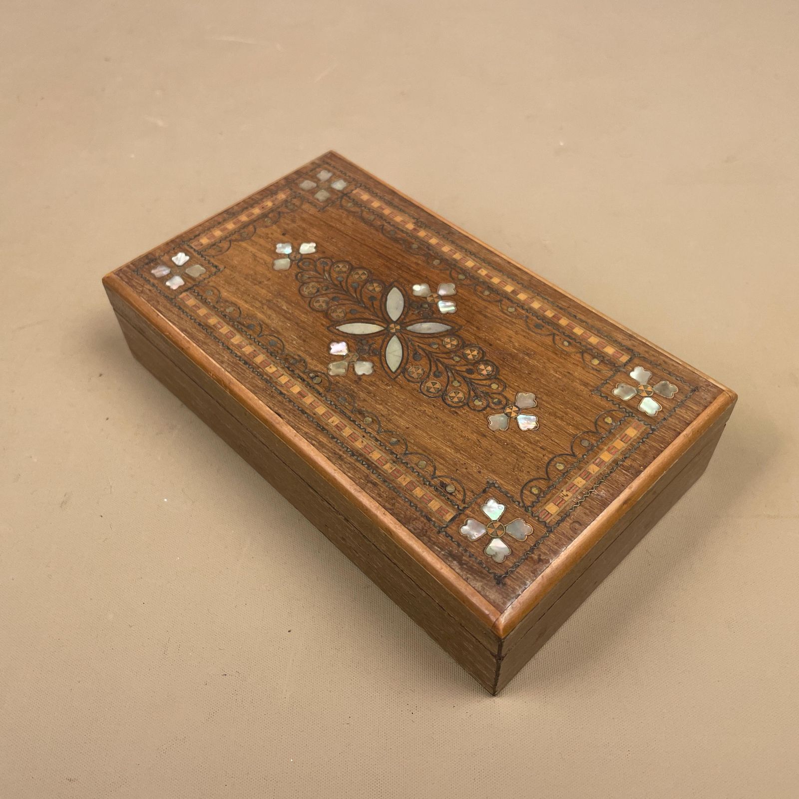 Wooden Rectangle Marquetry Inlay Box Trinket Jewellery Lidded Top Lid Patterned Pattern Handmade Table Top Wood Detailed Ornate Pattern photo vintage