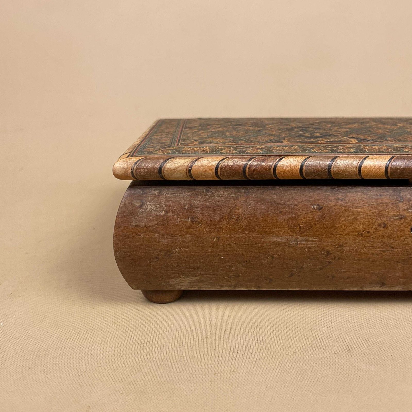 Wooden Rectangle Marquetry Inlay Box Trinket Jewellery Lidded Top Lid Patterned Pattern Handmade Table Top Wood Detailed Geometric Pattern photo for sale