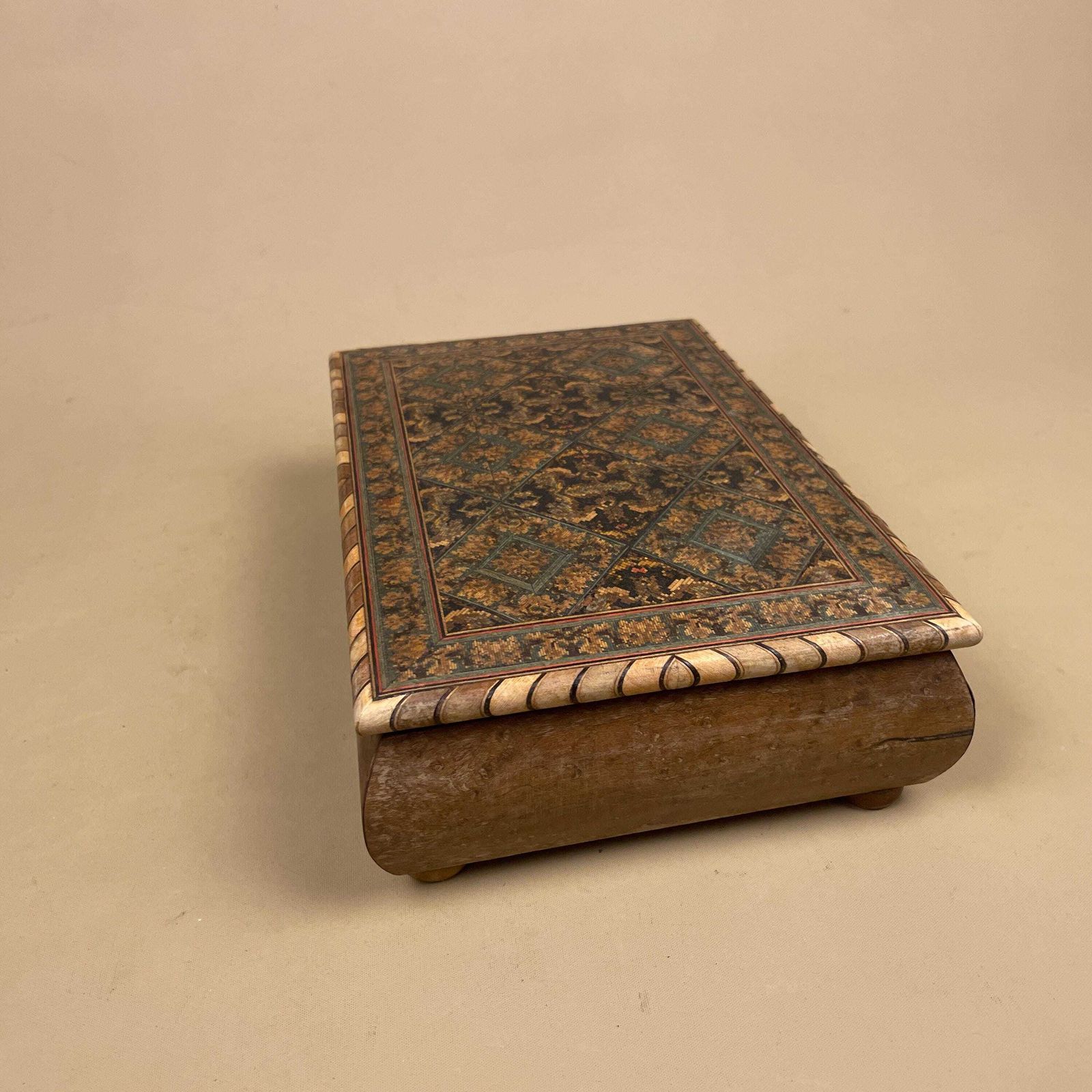 Wooden Rectangle Marquetry Inlay Box Trinket Jewellery Lidded Top Lid Patterned Pattern Handmade Table Top Wood Detailed Geometric Pattern photo vintage