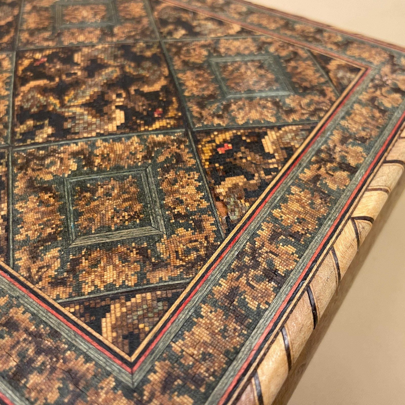 photo for sale Wooden Rectangle Marquetry Inlay Box Trinket Jewellery Lidded Top Lid Patterned Pattern Handmade Table Top Wood Detailed Geometric Pattern