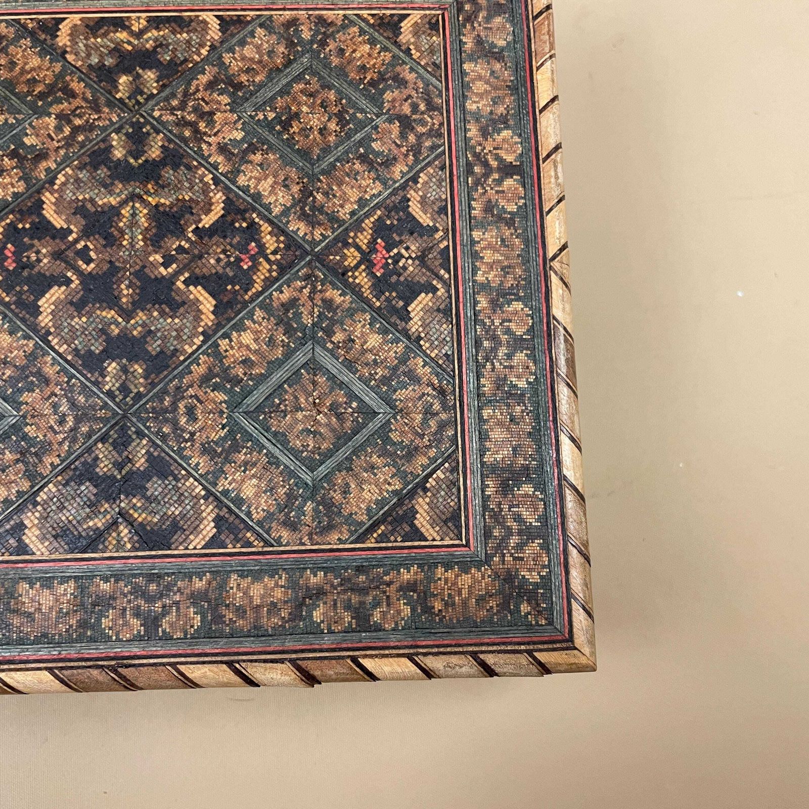 photo buy Wooden Rectangle Marquetry Inlay Box Trinket Jewellery Lidded Top Lid Patterned Pattern Handmade Table Top Wood Detailed Geometric Pattern