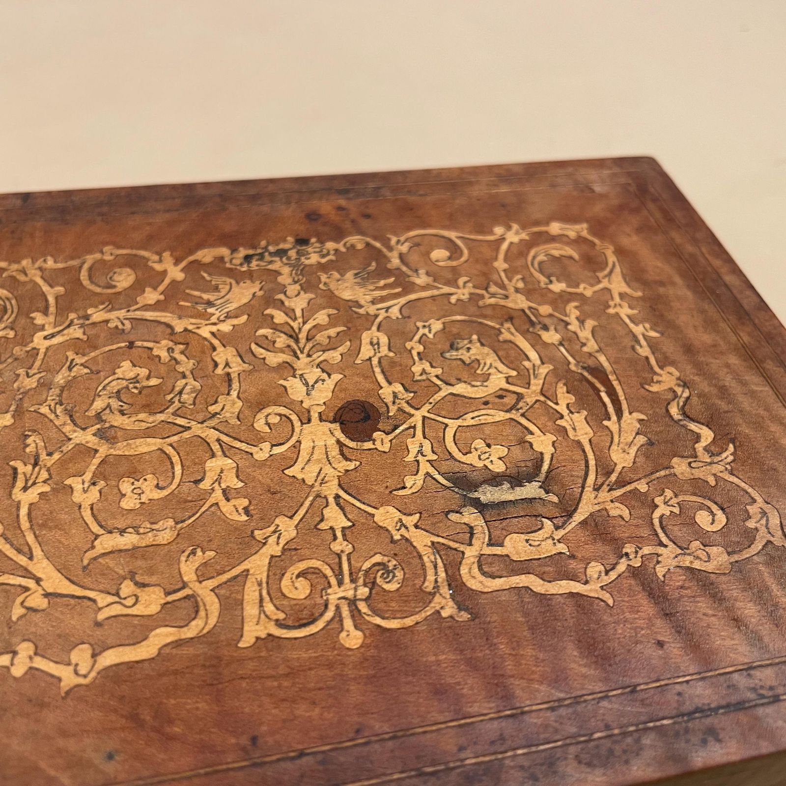 Wooden Rectangle Marquetry Inlay Box Trinket Jewellery Lidded Top Lid Patterned Pattern Handmade Table Top Wood Detailed Ornate Pattern photo vinterior