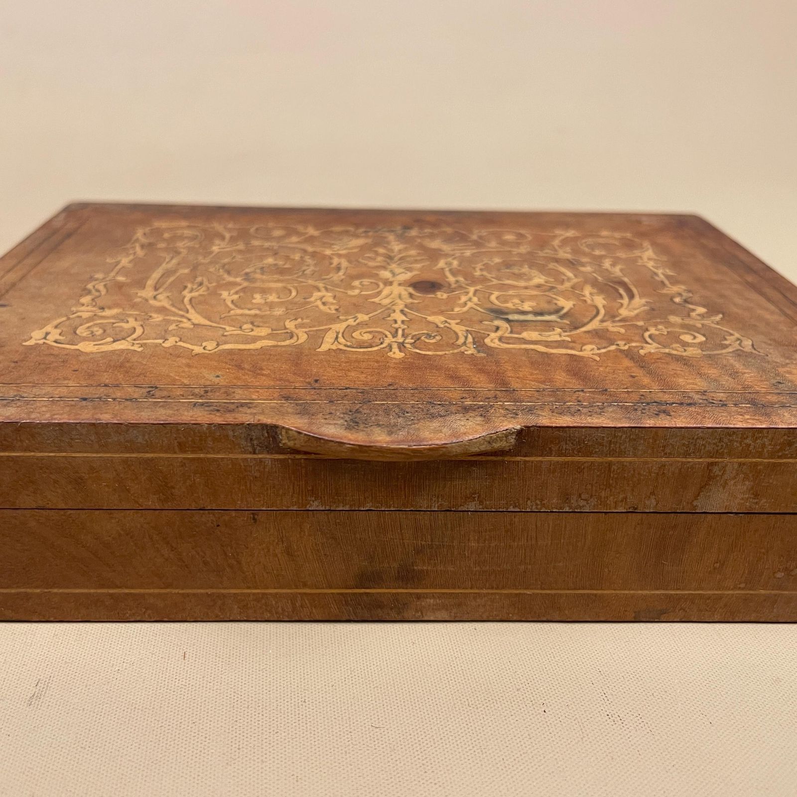 Wooden Rectangle Marquetry Inlay Box Trinket Jewellery Lidded Top Lid Patterned Pattern Handmade Table Top Wood Detailed Ornate Pattern photo vintage